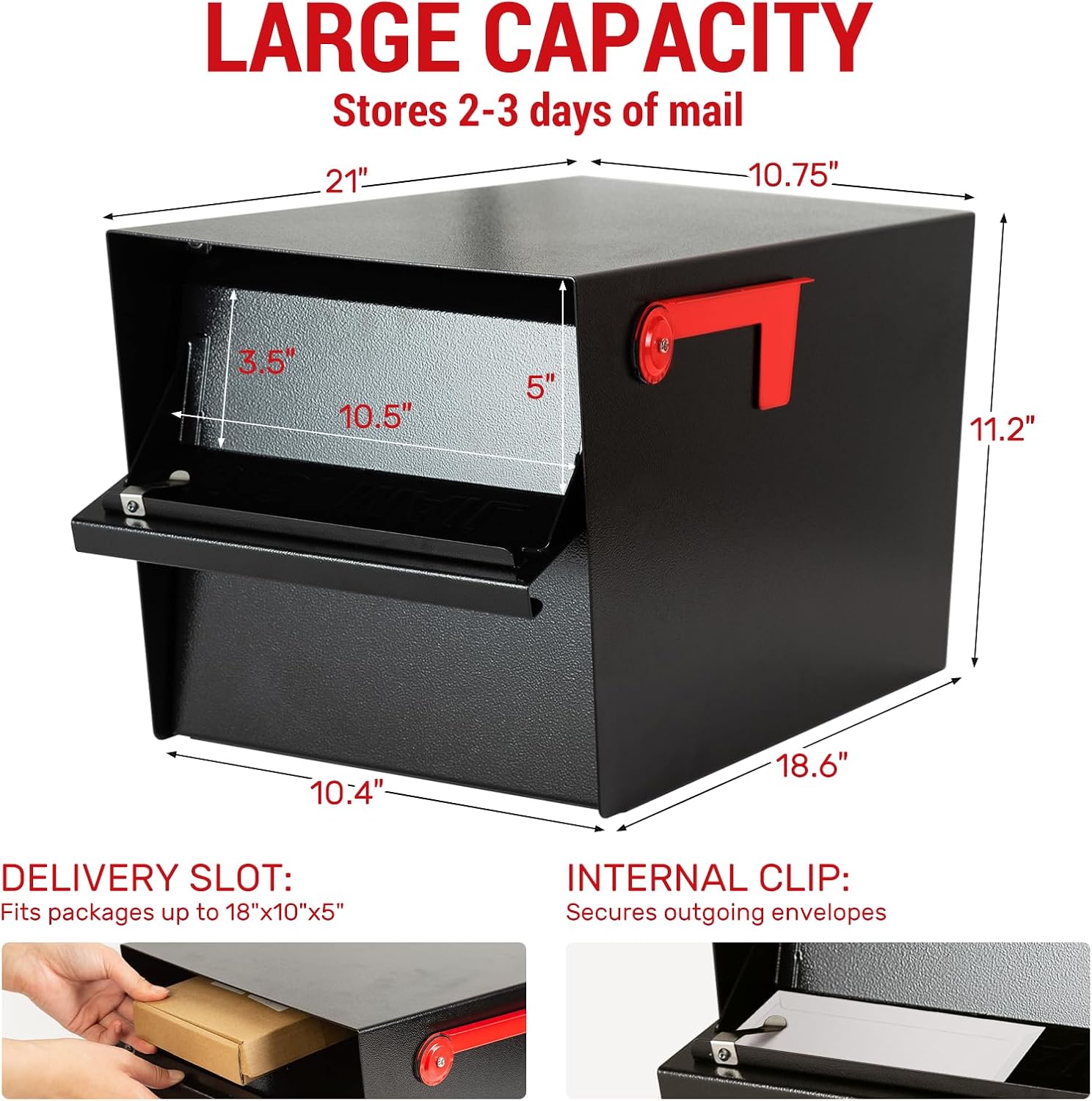 Large Locking Mailbox for Outside, RAINHOL All-Metal Modern Security Mailbox with 2 Keys, 21' x 11.2' x 10.5', Black