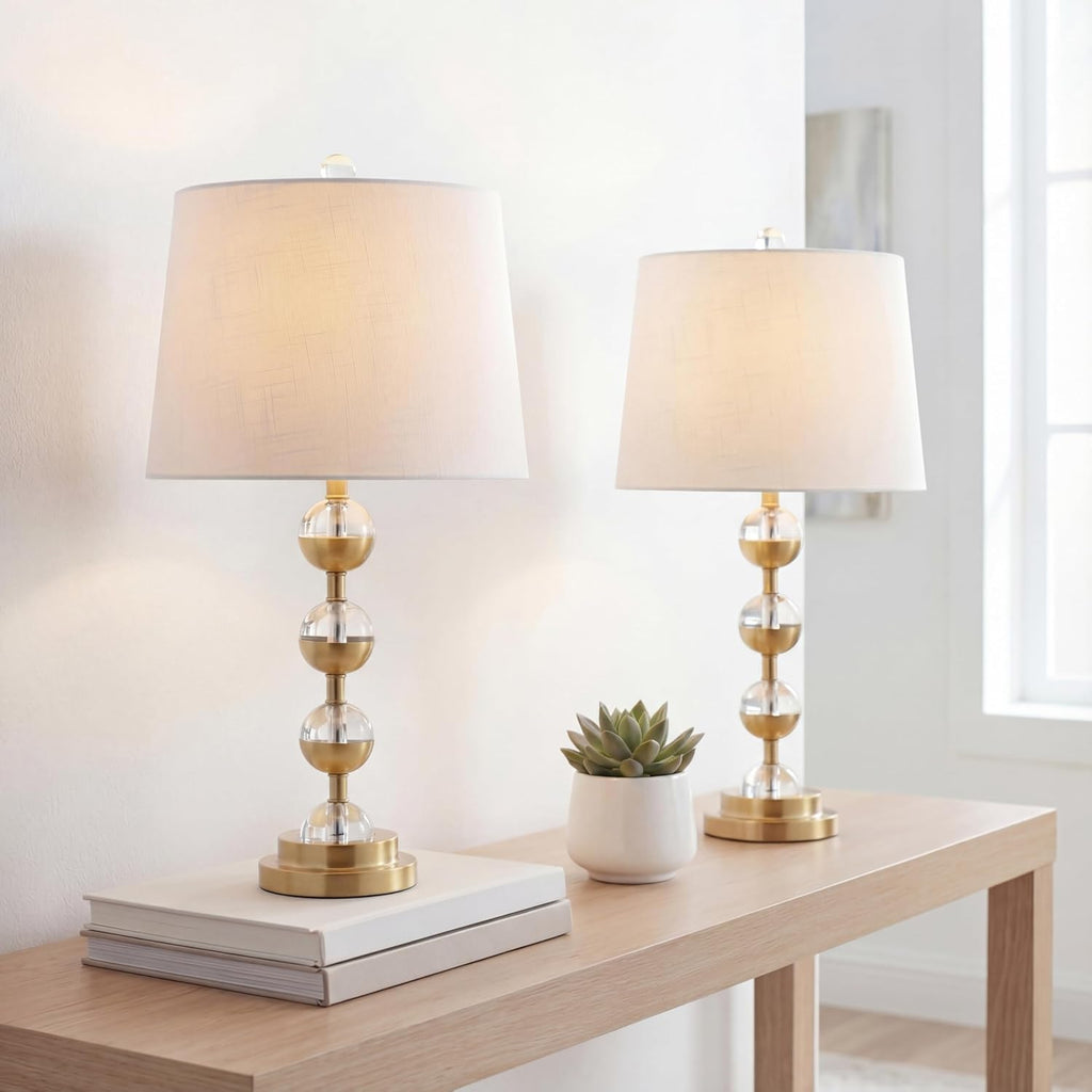 JONATHAN Y 27.5' Clear/Brass Gold Crystal LED Table Lamp Set of 2 for Bedroom, Modern Stacked Sphere Lamps for Living Room, White Linen Drum Shade, LED Bulbs Included JYL2049A-SET2