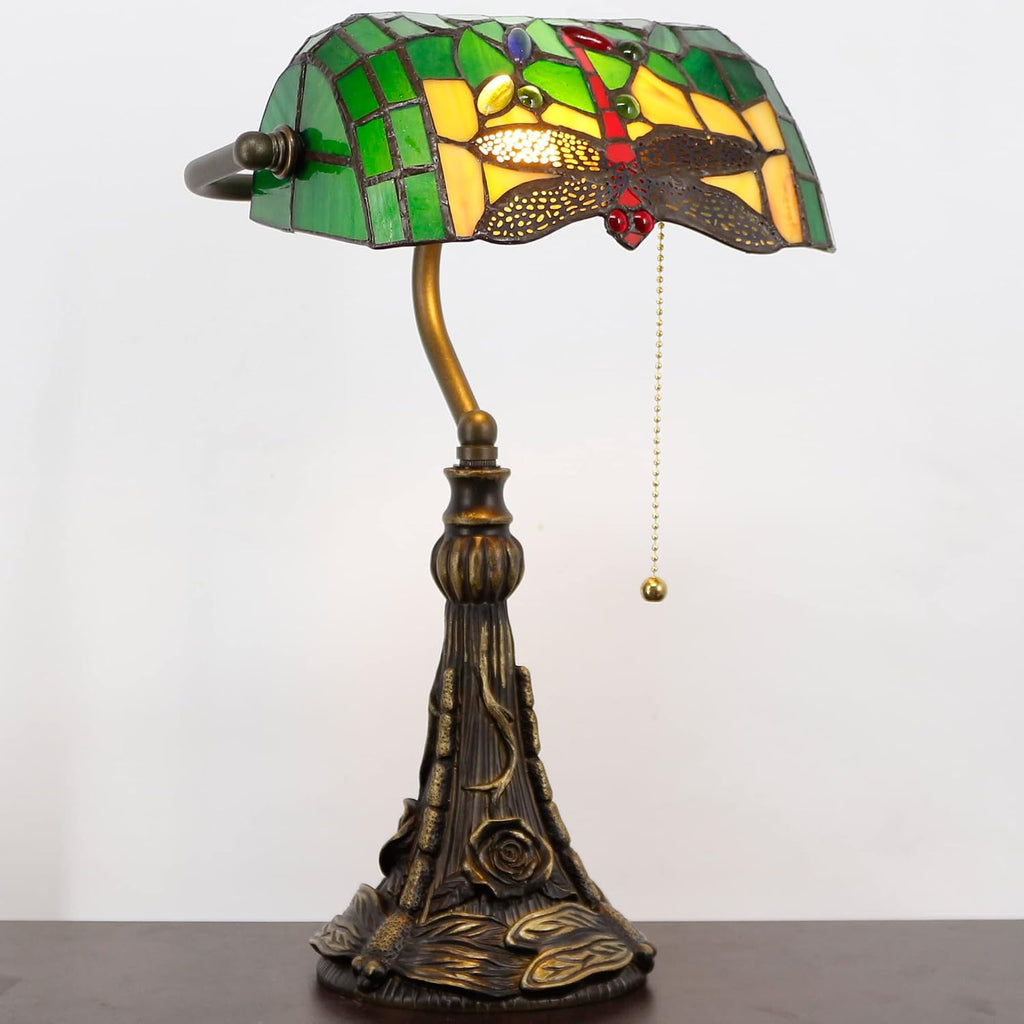 Tiffany Banker Lamp Small Stained Glass Table Lamp Tiffany Style Piano Light Green Dragonfly Style Desk Lamp Angle Adjustable 10.6X15.7 Inch for Home Office Living Room Bedroom