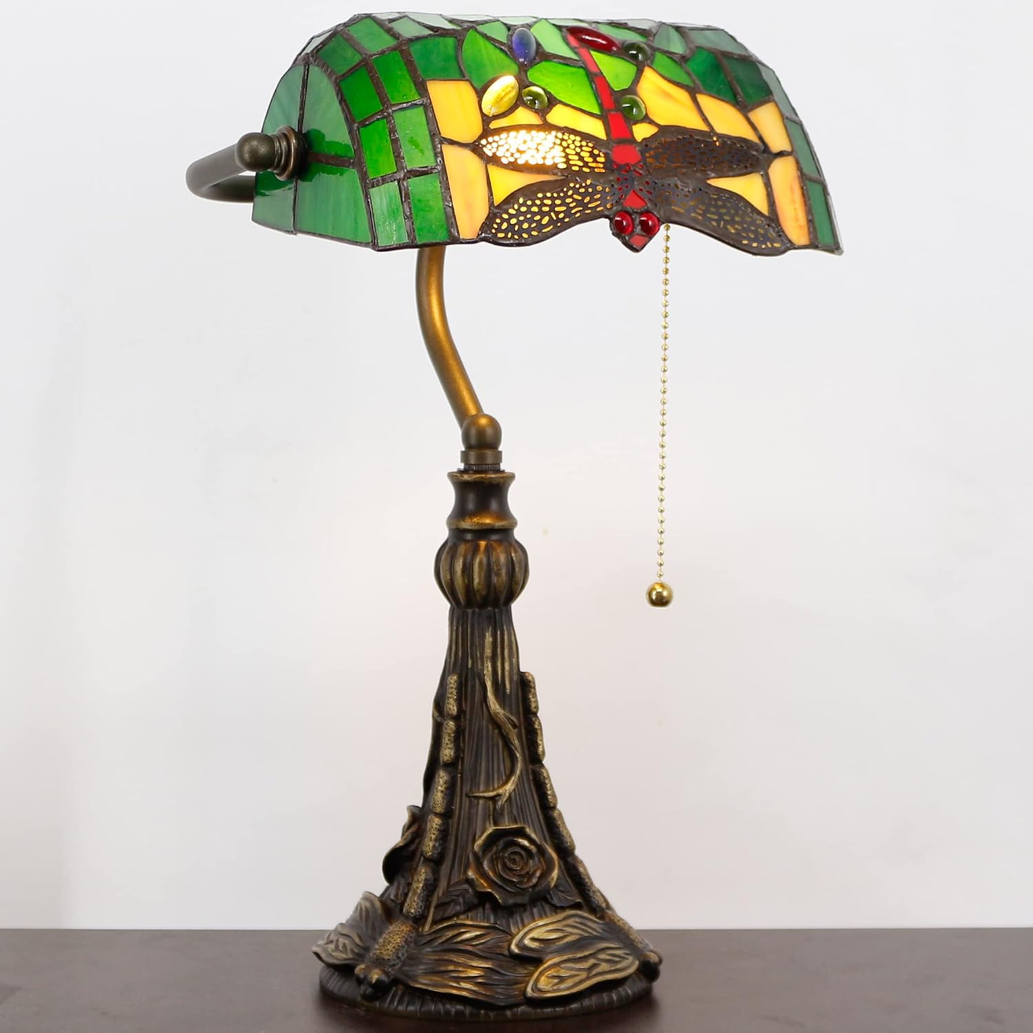 Tiffany Banker Lamp Small Stained Glass Table Lamp Tiffany Style Piano Light Green Dragonfly Style Desk Lamp Angle Adjustable 10.6X15.7 Inch for Home Office Living Room Bedroom