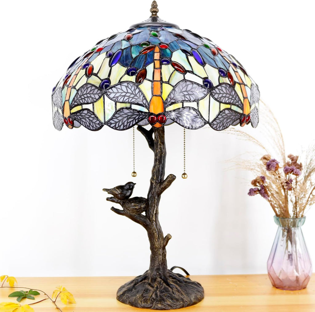 Large Tiffany Lamp Shade Replacement Only 16Inch Stained Glass Lampshade Fit For Table Lamps FLoor Lamp Ceiling Fixture Pendant Hanging Light Home Office Decoration (Blue Yellow Dragonfly)