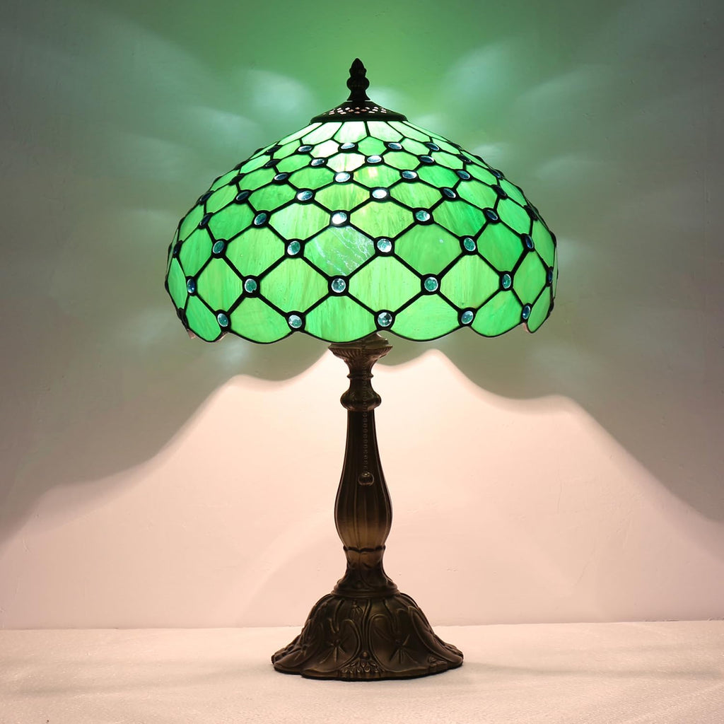 Stained Glass Table Lamp,Green Pearl Style Lamp,12X12X19 Inch Reading Light,Vintage Glass Desk Light for Living Room Bedroom