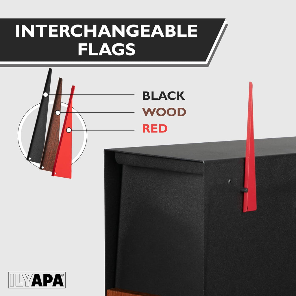 Ilyapa Modern Black Post Mount Mailbox with Redwood Trim & Magnetic Door, Waterproof for Parcels + Heavy-Duty 43' Metal Mailbox Post with Universal Mounting Plates for Curbside Residential Use