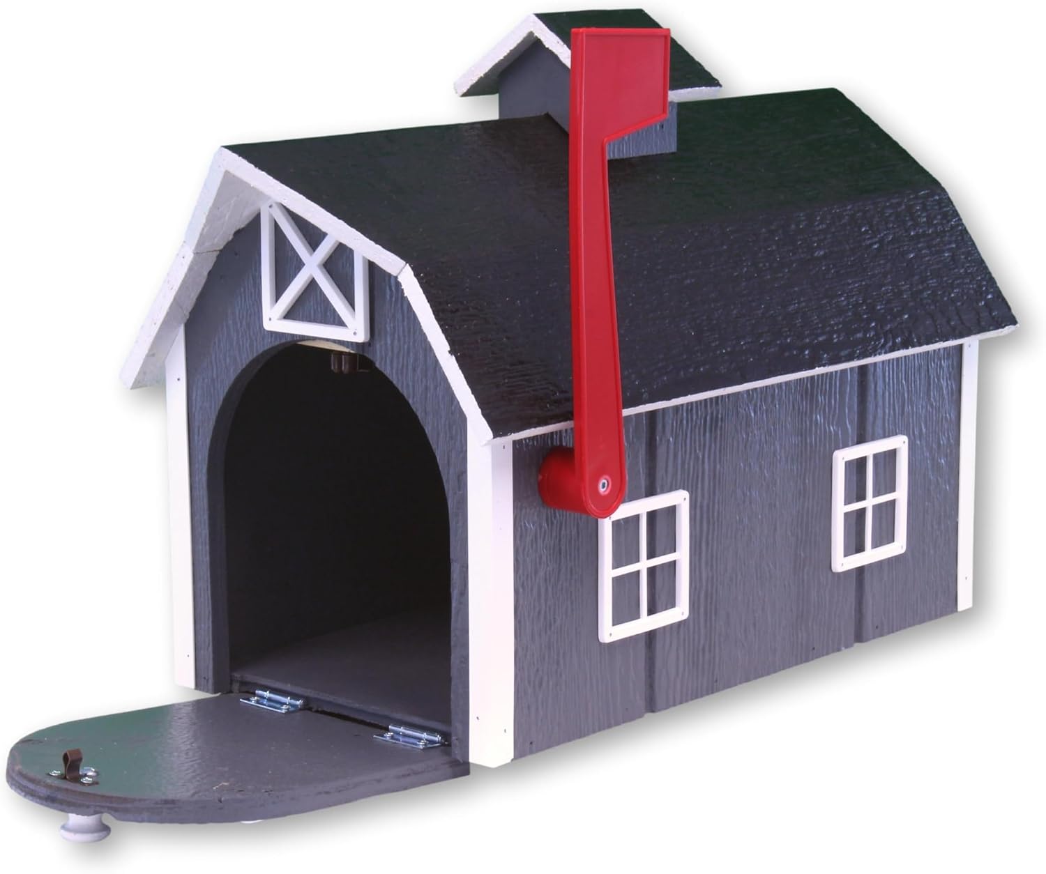 Deluxe Wooden Mailbox, Post Mount, Dutch Barn Style (Dark Gray and White)