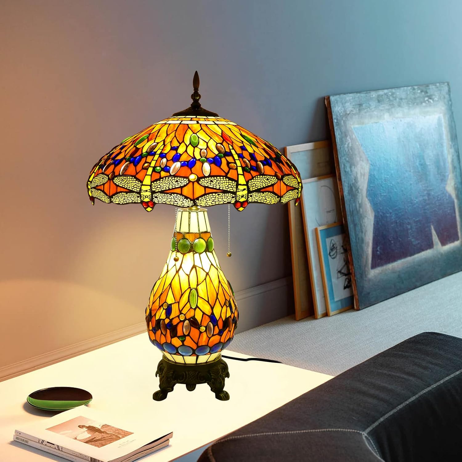 Tiffany Style Table Lamp Beautiful Dragonfly Tiffany Lamp Handmade Stained Glass Lamp 18x18x27 Inches Mother-Daughter Style Desk Reading Light Decor for Bedroom Living Room Home Office