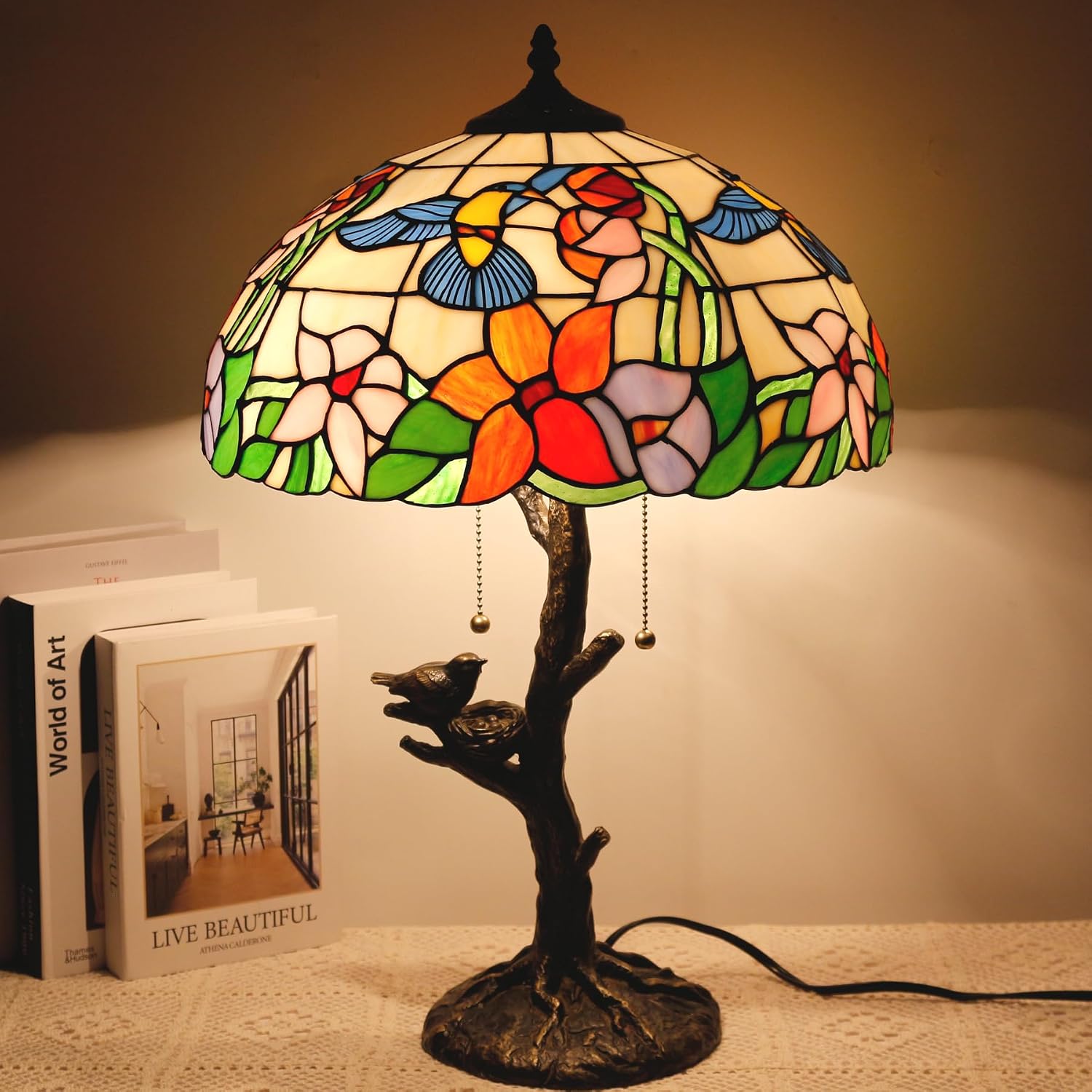 Large Tiffany Lamp Shade Replacement Only 16Inch Stained Glass Lampshade Fit For Table Lamps FLoor Lamp Ceiling Fixture Pendant Hanging Light Home Office Decoration (Cream Amber Hummingbird)