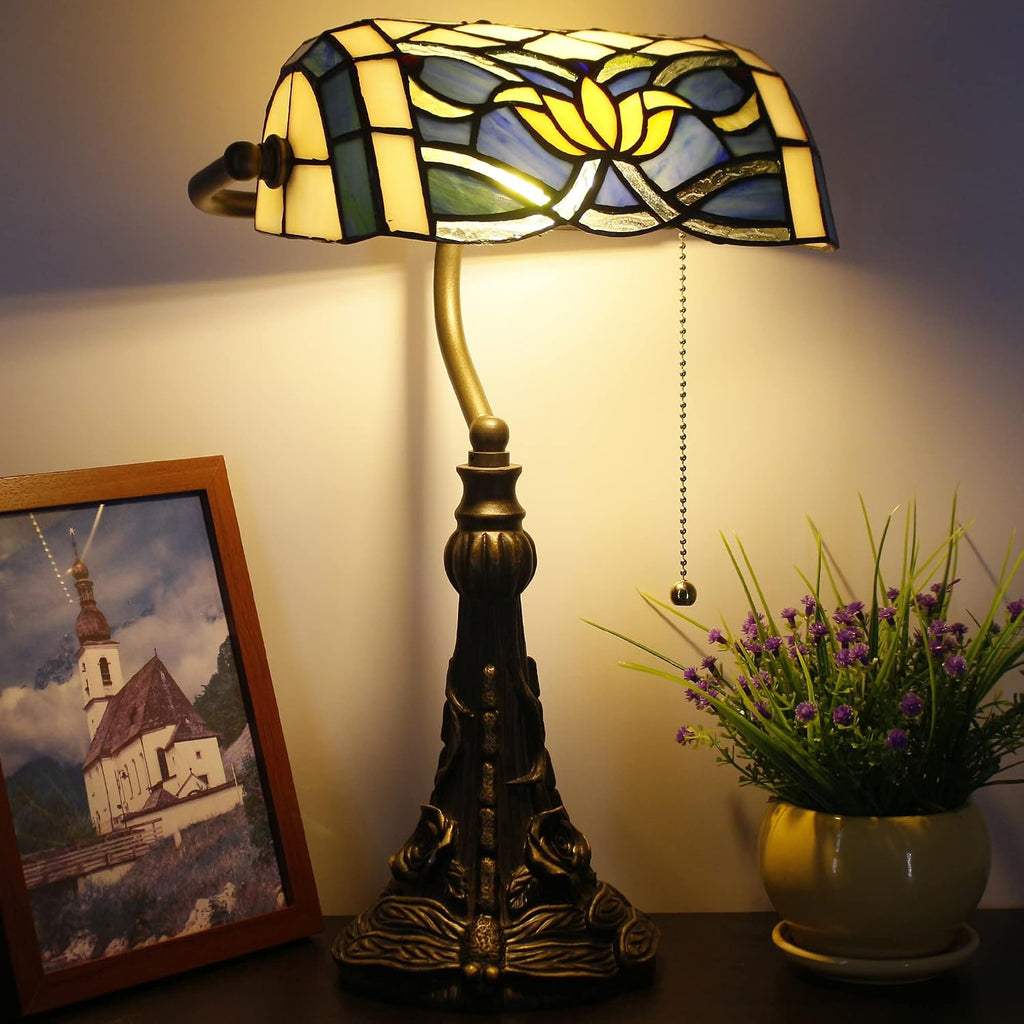 Tiffany Banker Lamp Small Stained Glass Table Lamp Tiffany Style Piano Light Blue Yellow Lotus Style Desk Lamp Angle Adjustable 10.6X15.7 Inch for Home Office Living Room Bedroom