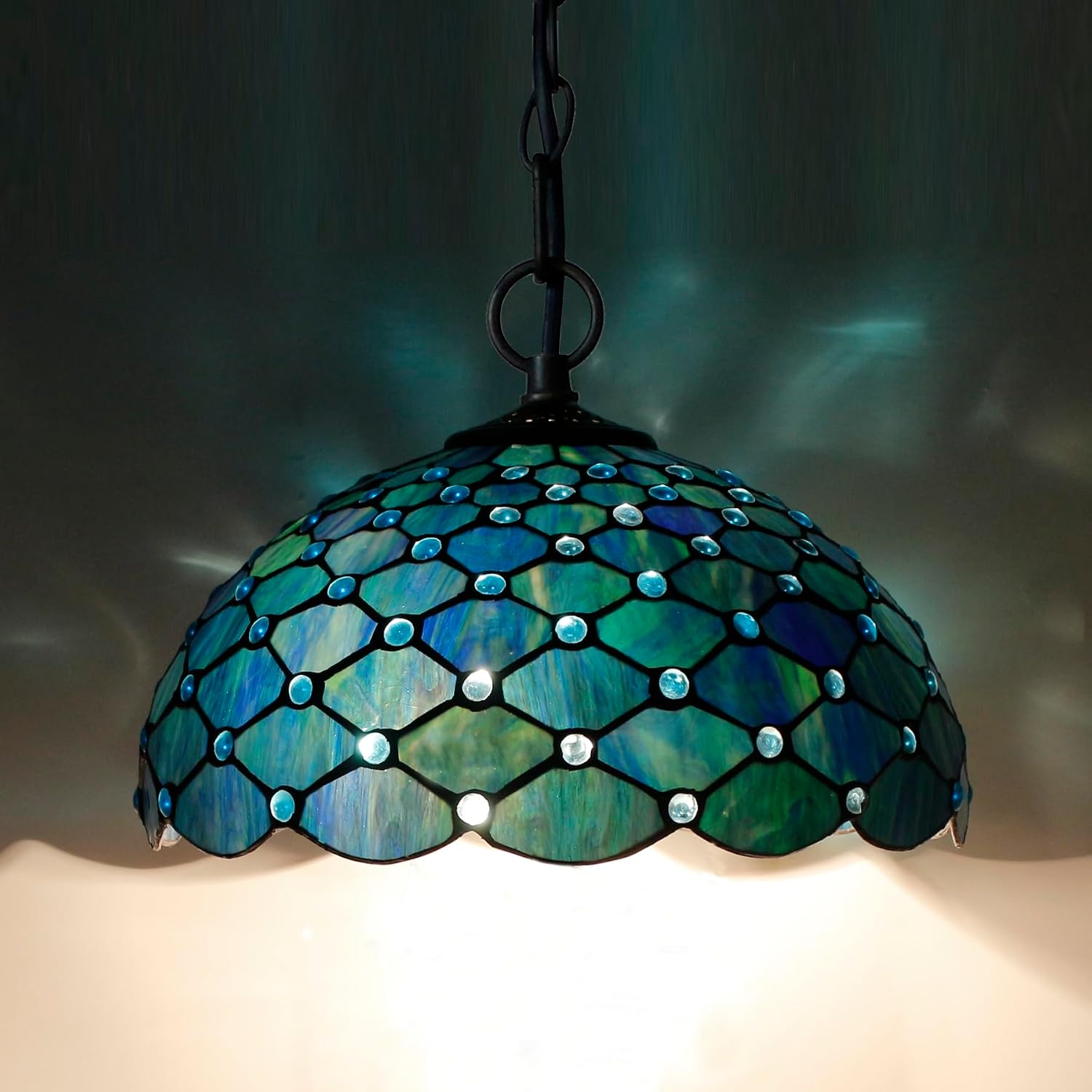 Large Tiffany Lamp Shade Replacement Only 16Inch Stained Glass Lampshade Fit For Table Lamps FLoor Lamp Ceiling Fixture Pendant Hanging Light Home Office Decoration (Blue Beads)