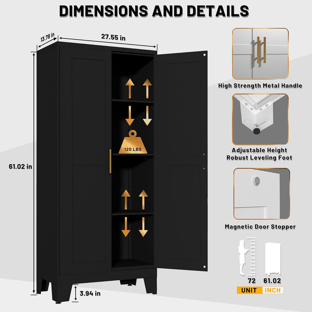 PAOFIN 61' Balck Metal Kitchen Storage Cabinet, Kitchen Pantry Storage Cabinet with Doors and Shelves, Storage Cabinet with Adjustable Leveling Foot for Kitchen, Living Room and Dining Room