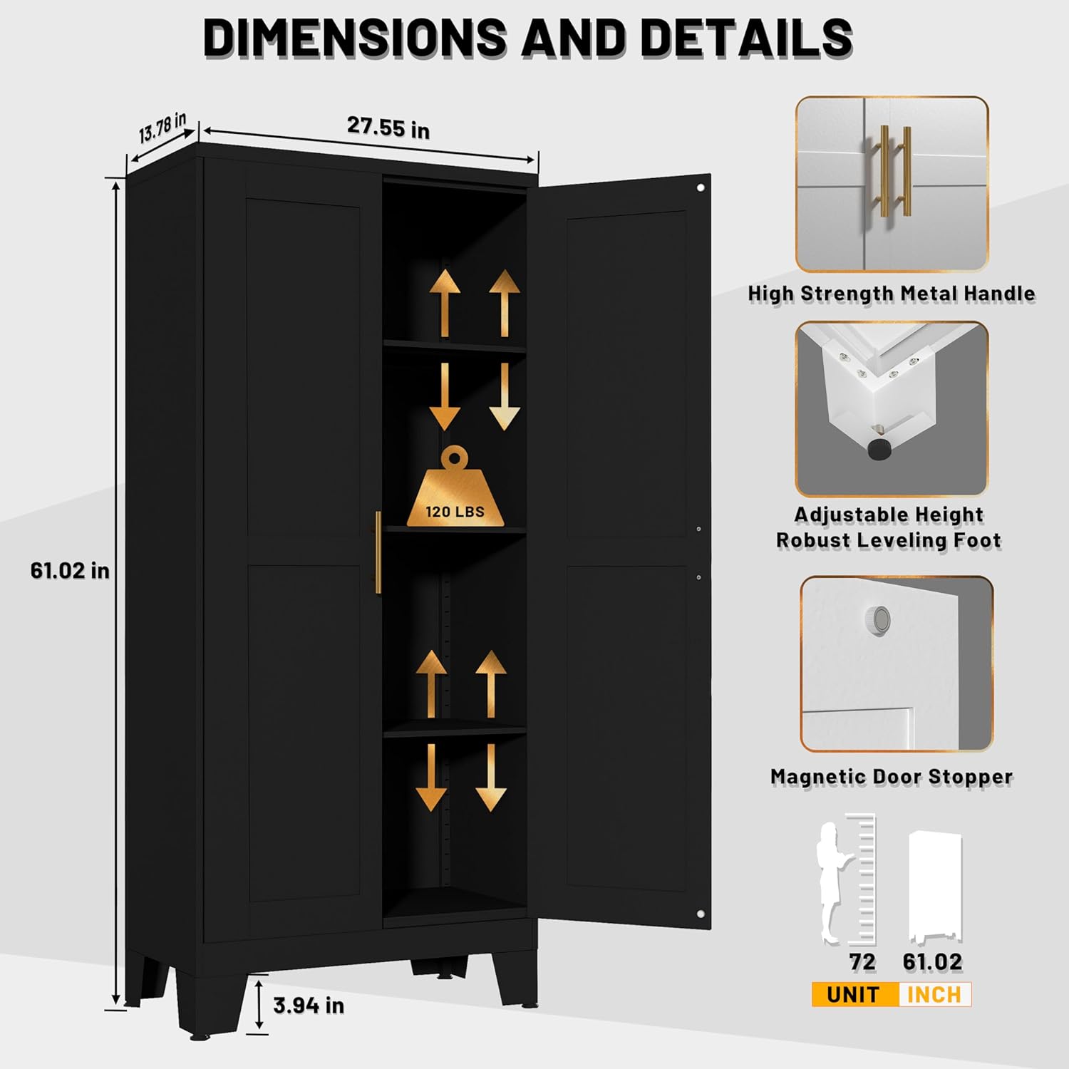 PAOFIN 61' Balck Metal Kitchen Storage Cabinet, Kitchen Pantry Storage Cabinet with Doors and Shelves, Storage Cabinet with Adjustable Leveling Foot for Kitchen, Living Room and Dining Room