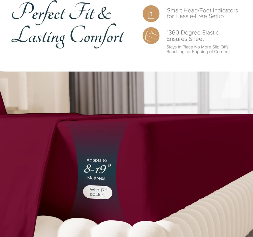 Carressa Linen 100% Egyptian Cotton Sheets Queen Size Bed Set - Luxury 1500 Series Heliconia Collection Egyptian Cotton Queen Sheet Set (4 PC, Burgundy), 17' Deep Pocket, Sateen Hotel Quality Bedding