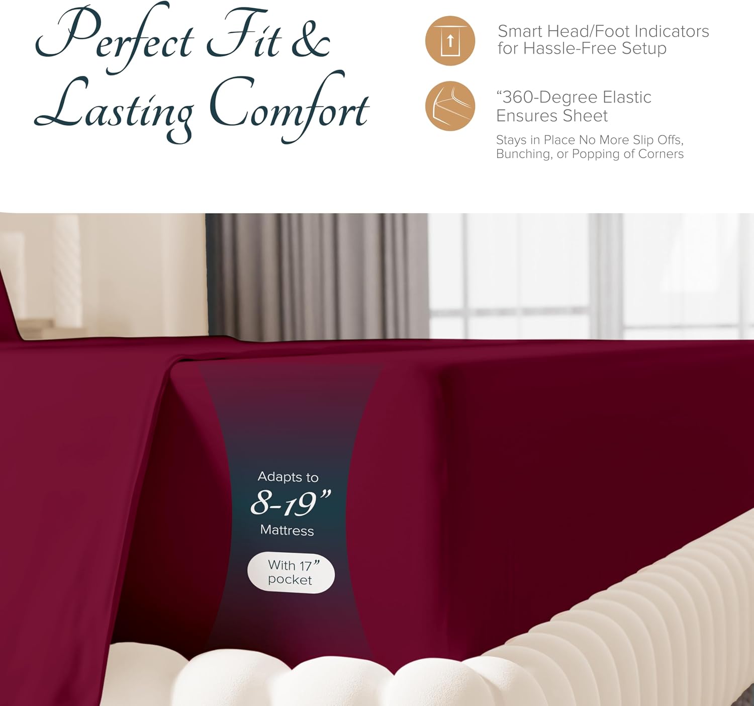 Carressa Linen 100% Egyptian Cotton Sheets Queen Size Bed Set - Luxury 1500 Series Heliconia Collection Egyptian Cotton Queen Sheet Set (4 PC, Burgundy), 17' Deep Pocket, Sateen Hotel Quality Bedding