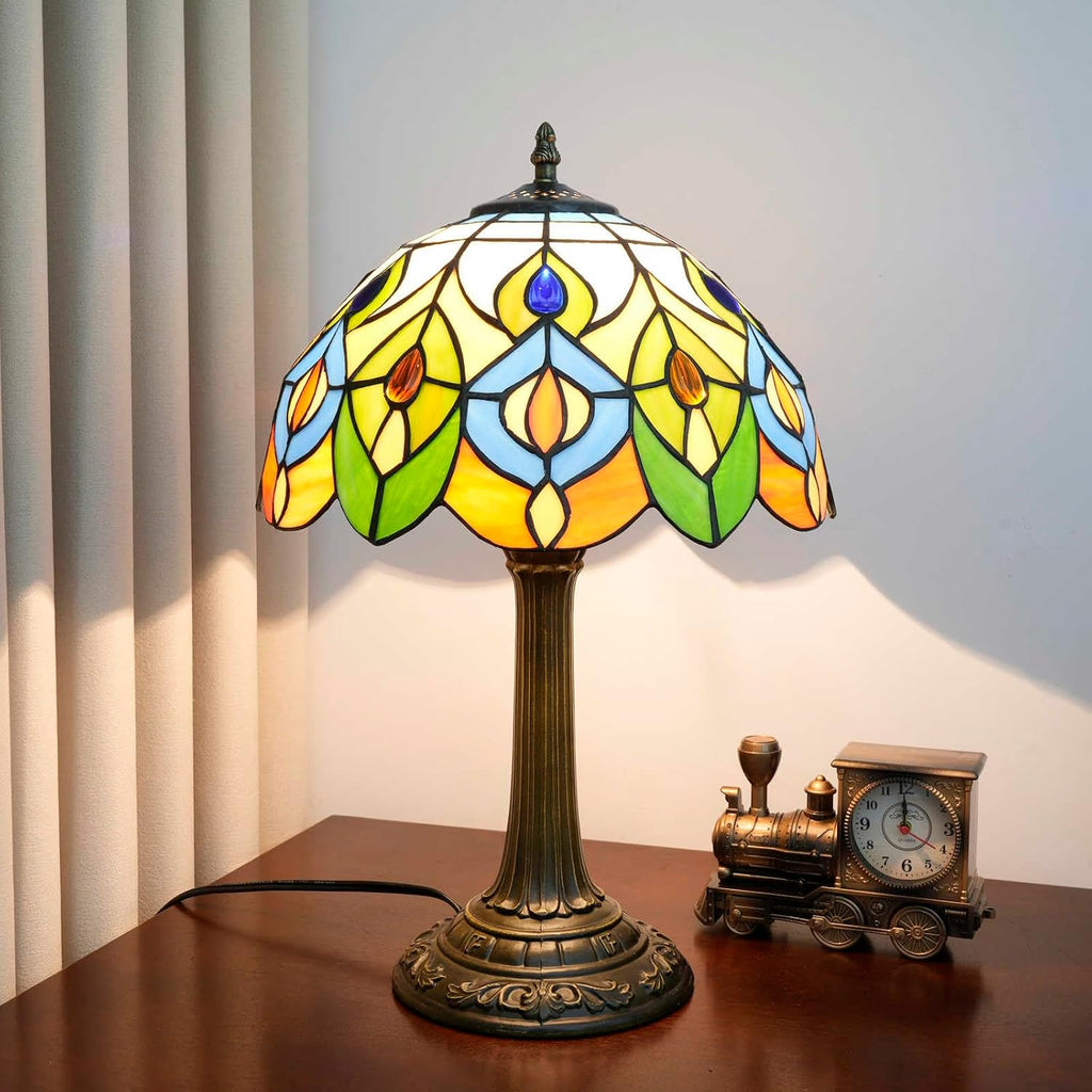 Tiffany Style Table Lamp With Retro Peacock Stained Glass Lamp 12 Inch Bronze Base Bedside Lamp Bedroom Living Rooms, Offices, Hotel Classics Luxury Style Decorative Ambient Light Bedside Lamp