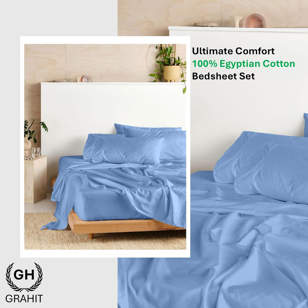 100% Egyptian Long Staple Cotton Bedsheet Set, 800 Thread Count, 6-PC Sheets Set, Sky Blue Color, Queen Size, 15 Inch Deep Pocket of Fitted Sheet, Soft Sateen Weave Breathable