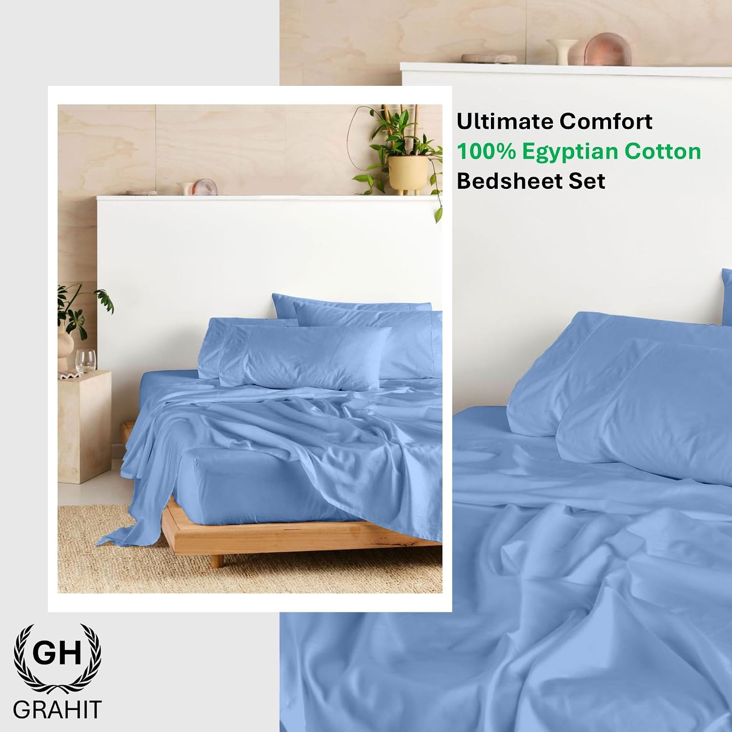 100% Egyptian Long Staple Cotton Bedsheet Set, 800 Thread Count, 6-PC Sheets Set, Sky Blue Color, Queen Size, 15 Inch Deep Pocket of Fitted Sheet, Soft Sateen Weave Breathable