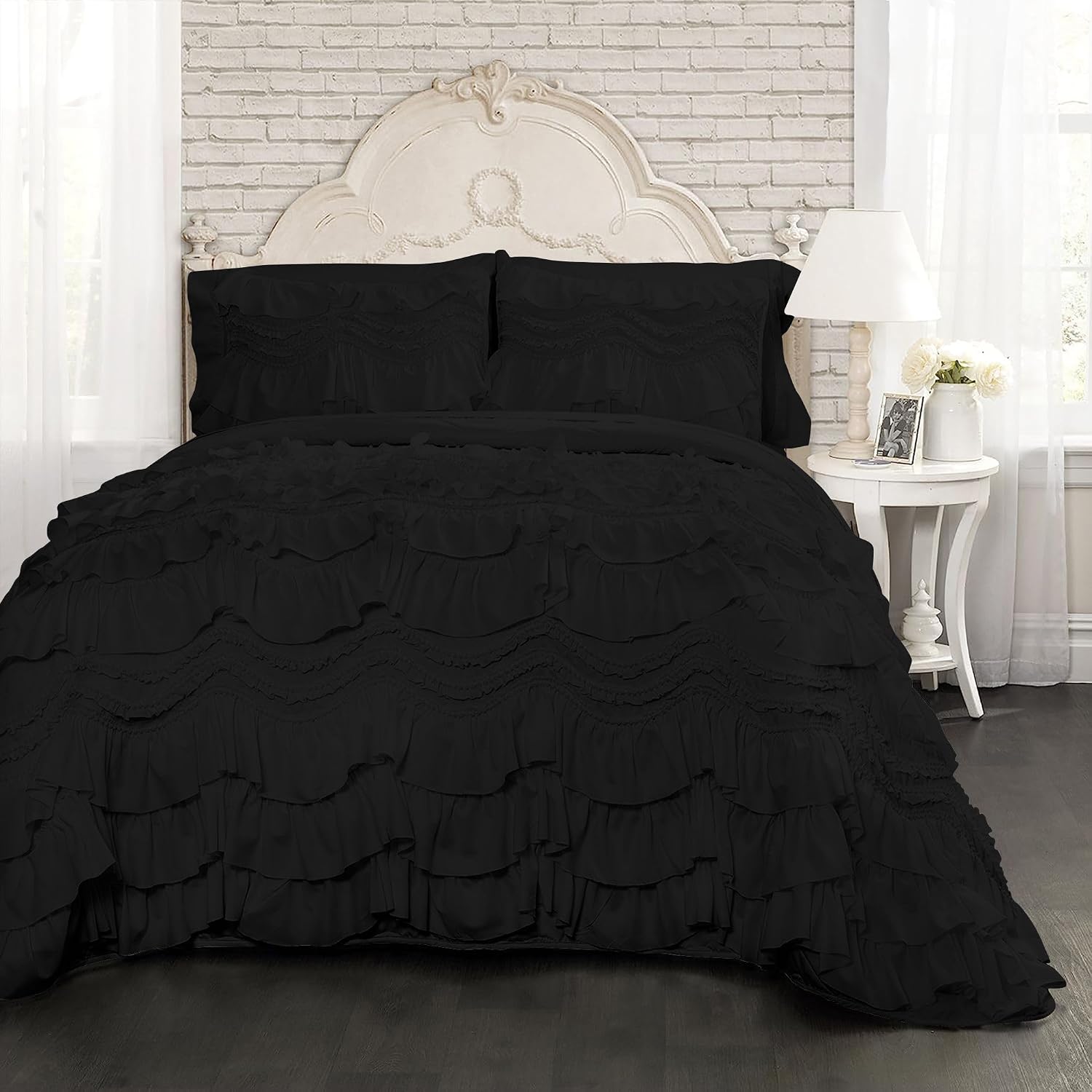 100% Egyptian Cotton, 550 GSM Microfiber Filled Quilt Ruffled Textured 3 Piece Full/Queen Size Comforter Set, Black