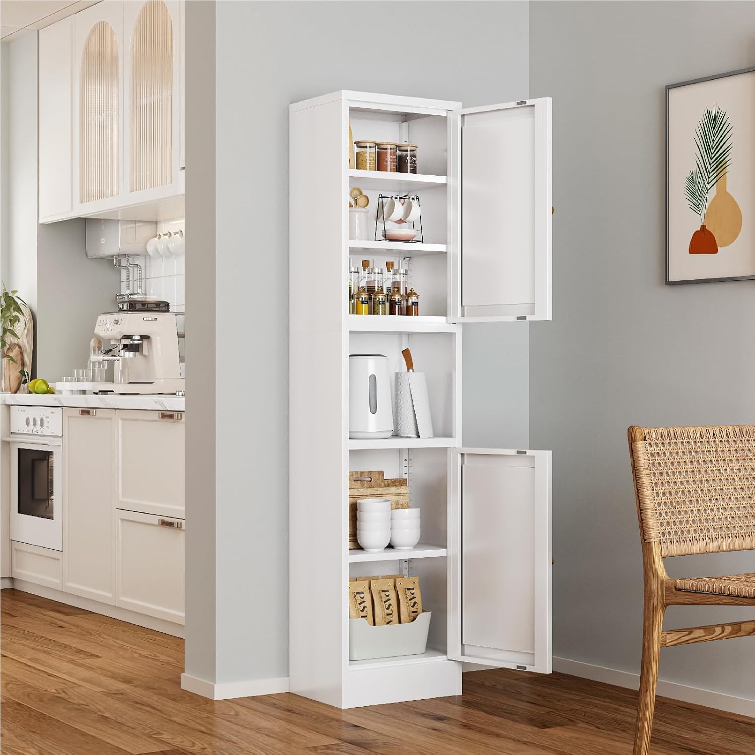 Metal Bathroom Storage Cabinet, 67' Tall Narrow Freestanding Floor Cabinet with Adjustable Shelves and Open Compartment, Slim Metal Locker for Laundry, Kitchen, Dining Room