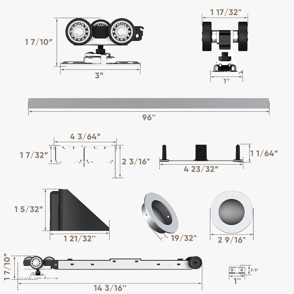 JUBEST 8FT/96 Heavy Duty Bypass Door Hardware with Soft Close Mechanism, Sliding Closet Door Hardware Set for 2 Door System, Smoothly and Quietly, Fit Door Thickness 1 3/8' or 1 3/4', Easy to Install