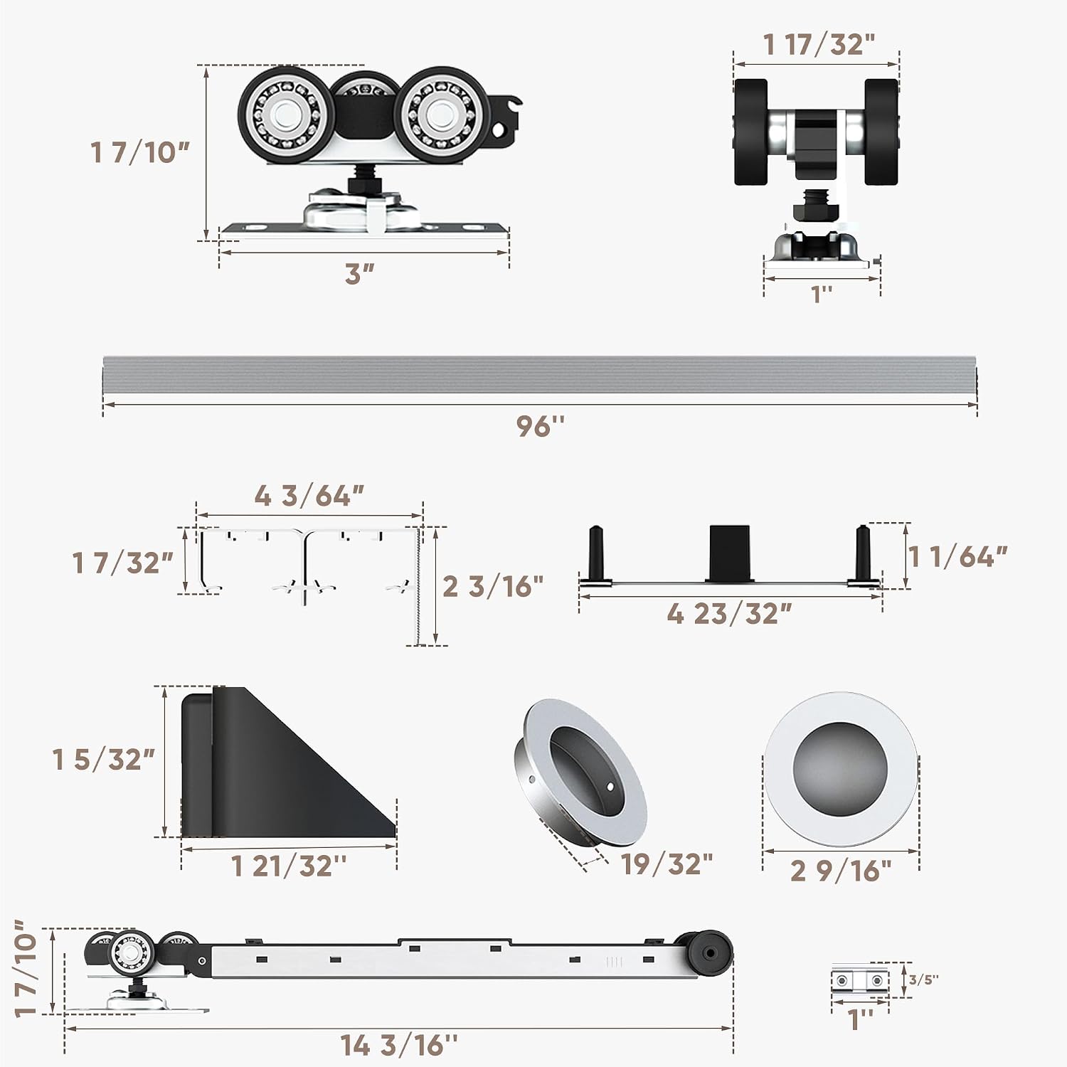 JUBEST 8FT/96 Heavy Duty Bypass Door Hardware with Soft Close Mechanism, Sliding Closet Door Hardware Set for 2 Door System, Smoothly and Quietly, Fit Door Thickness 1 3/8' or 1 3/4', Easy to Install