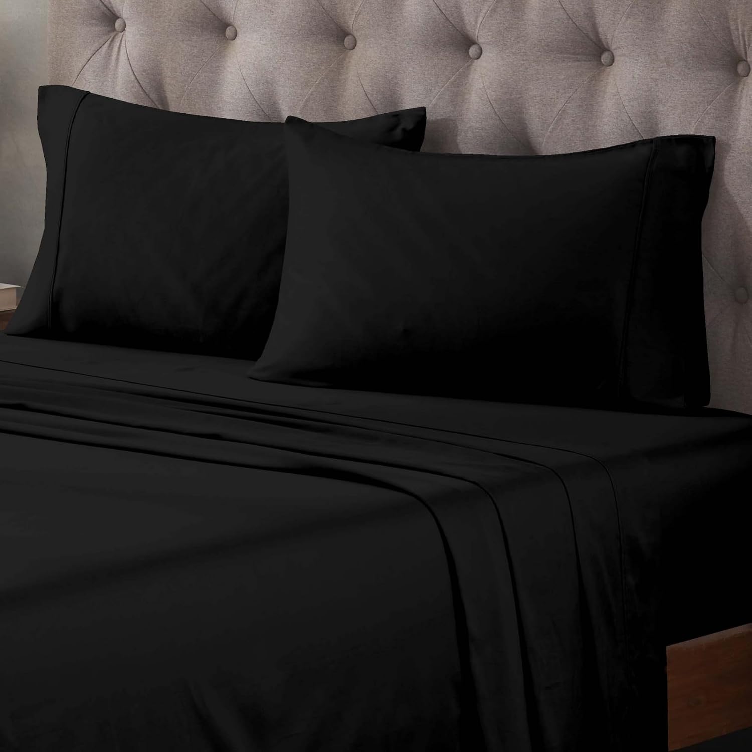 Superior Egyptian Cotton 300 Thread Count Bed Sheet Set, 2 Elastic Deep Pocket Fitted Sheets, 1 Flat Sheet, 2 Pillowcases, Daily Soft Sheets, Luxury, Plush, Home Essentials, Split King, Black