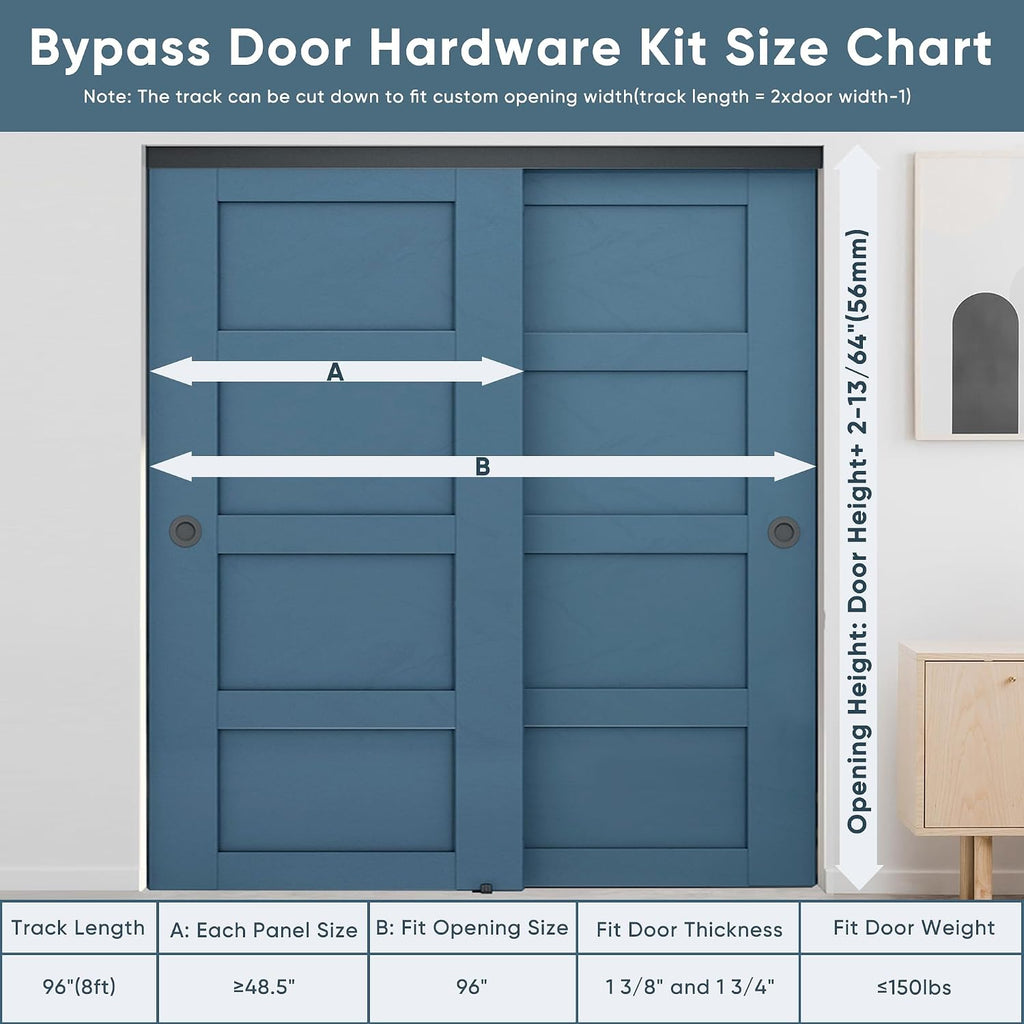 JUBEST 8FT/96 Heavy Duty Bypass Door Hardware with Soft Close Mechanism, Sturdy Closet Door Track for 2 Door System, Quietly and Smoothly, Fit Door Thickness 1 3/8' or 1 3/4', Easy to Install, Black