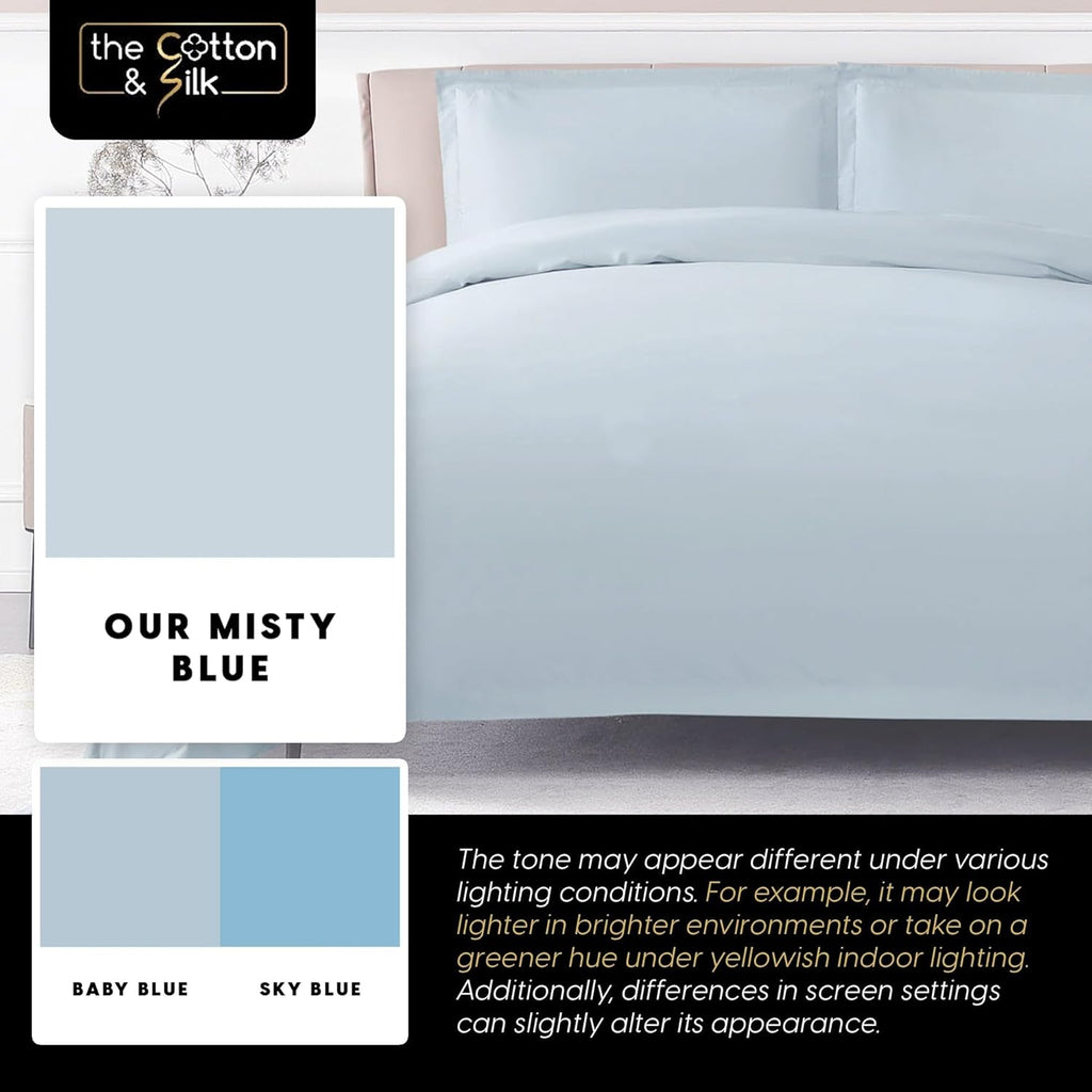 THE COTTON & SILK®️ 100% Luxury Long-Staple Cotton Duvet Cover Set - Soft & Breathable - Include 1 Duvet Cover with Corner Ties & Hidden Zipper, 2 Pillow Shams - Misty Blue + White, Queen Size