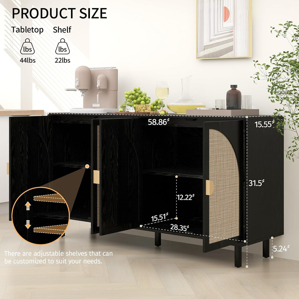 Black 4-Door Rattan Buffet Cabinet-Sideboard Buffet Cabinet with Storage, Accent Sideboard Cabinets-Wood Credenza with Cane Door, Boho Style Console Table for Dining Room & Living Room