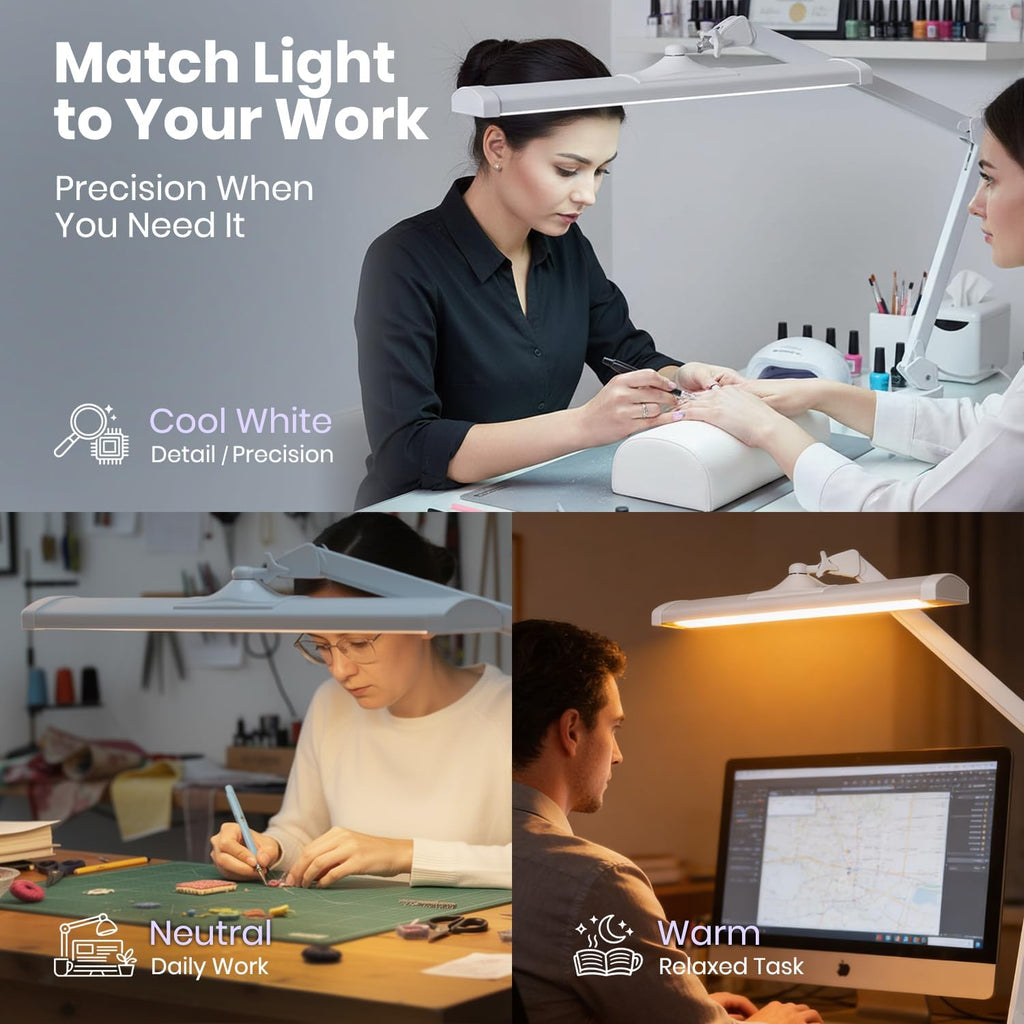 Neatfi 3,500 Lumens LED Desk Lamp with Base – 45W Dimmable | CCT - Adjustable Color Temperature | 3 Light Modes | 540 SMD LEDs | Reading, Craft, Workbench & Office (White-4, 26-Inch Wide Shade)