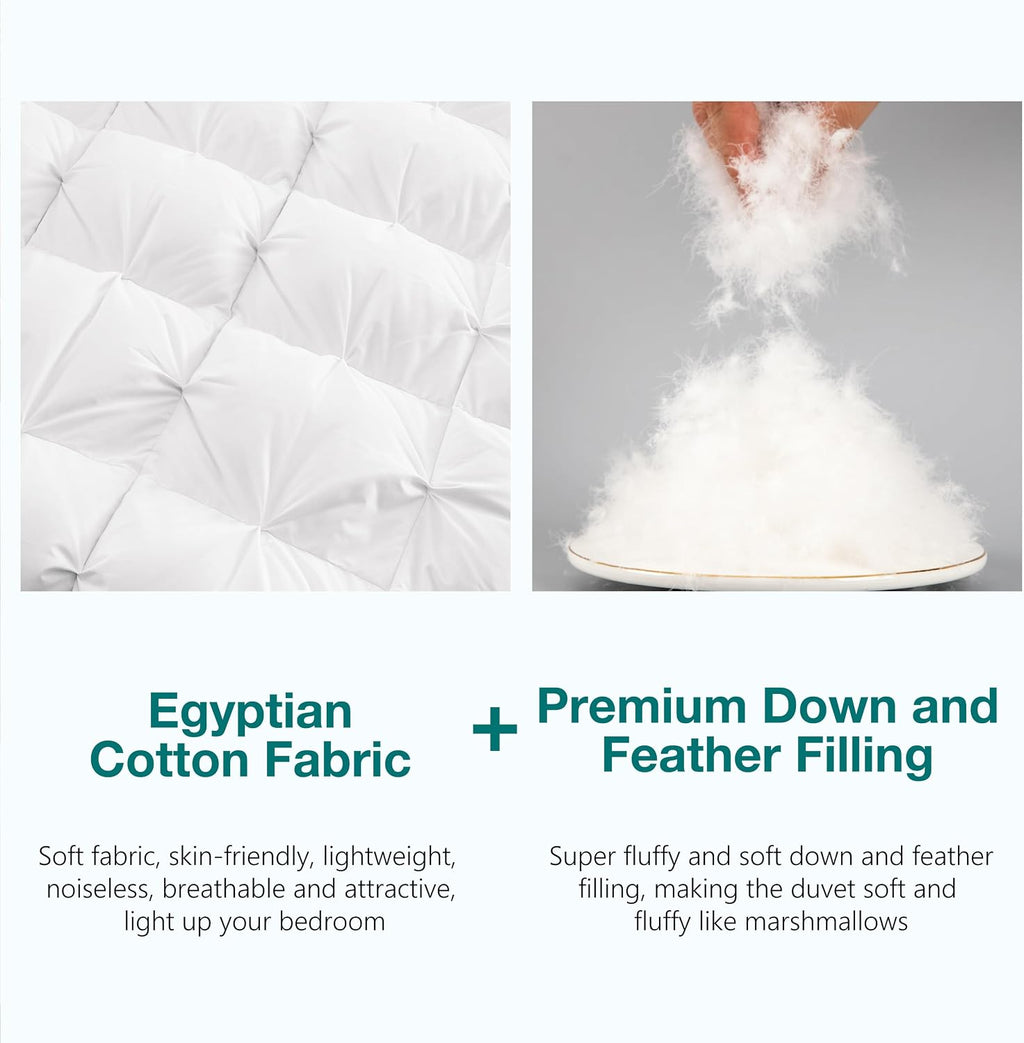 KAKABELL Pinch Pleat Goose Down Feathers Fiber Comforter Cal King Size All Season-Ultra Soft and Cozy Noiseless Duvet Insert with Egyptian Cotton Blend Cover,Fluffy Warm Comforter (White,98'X108')