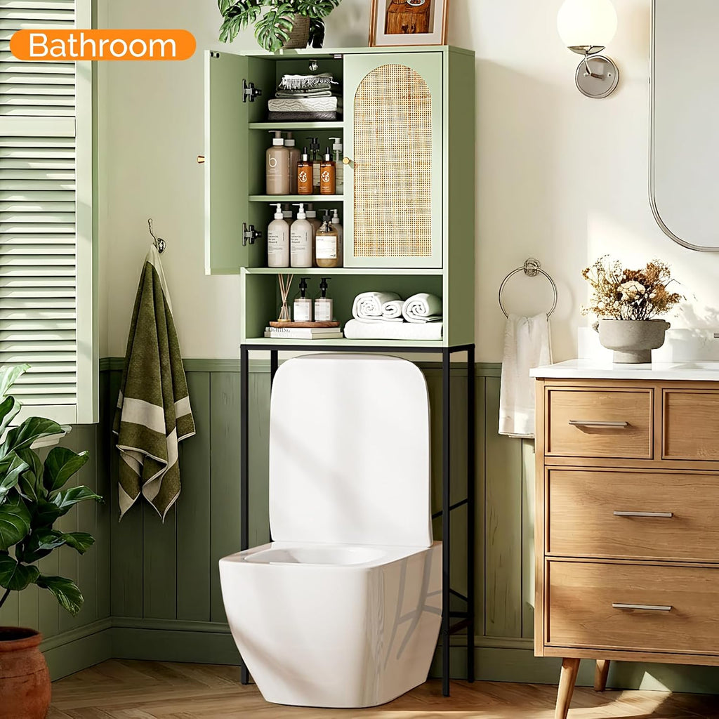 VINGLI Over The Toilet Storage Cabinet, Sage Green Rattan Bathroom Organizer Over Toilet with Adjustable Shelf, Freestanding Space Saver Stand with Soft-Close Doors for Restroom Laundry, Boho Modern