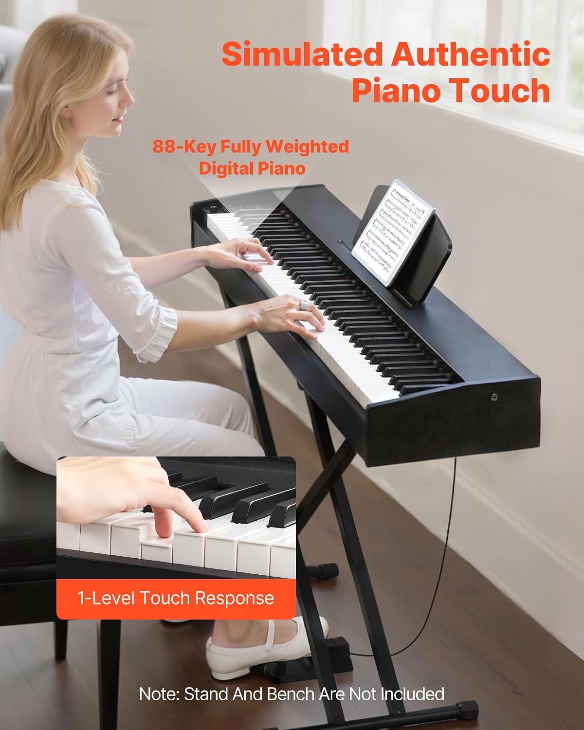 VEVOR Weighted Digital Piano, 88 Keys Fully Weighted, Electric Piano Dual Keyboard & Speakers, with Sustain Pedal, Recording Function, 238 Tones, Wireless Connection, for Beginners, Without Stand