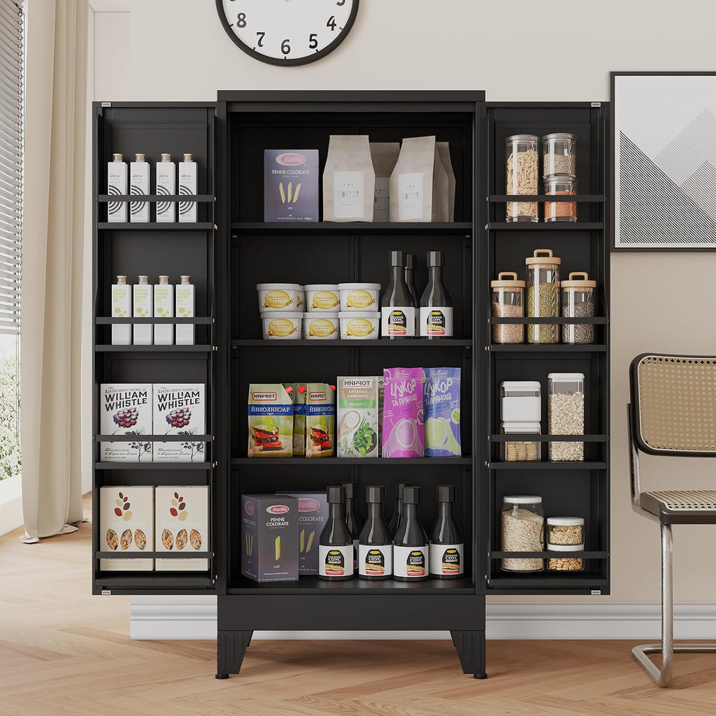 erosoei 51' H Metal Kitchen Pantry Storage Cabinet,Storage Cabinets with Doors and Adjustable Shelves,Freestanding Food Pantry Cabinet Cupboard for Living Room,Dinning Room (Black)