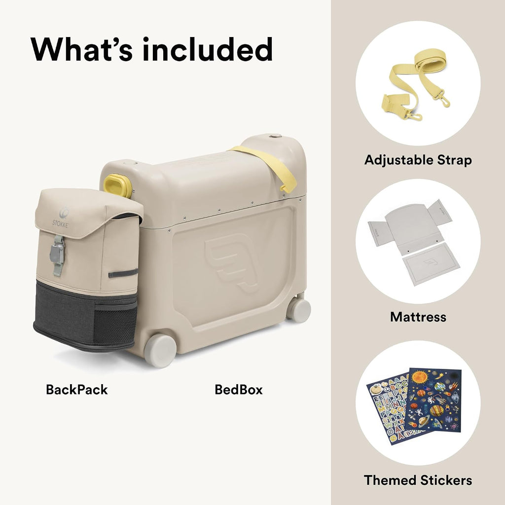Stokke JetKids Travel Bundle, Moonglow White - Includes BedBox Ride-On Suitcase & Backpack - Best for Kids 2-7 Years Old (Up to 77 lbs)
