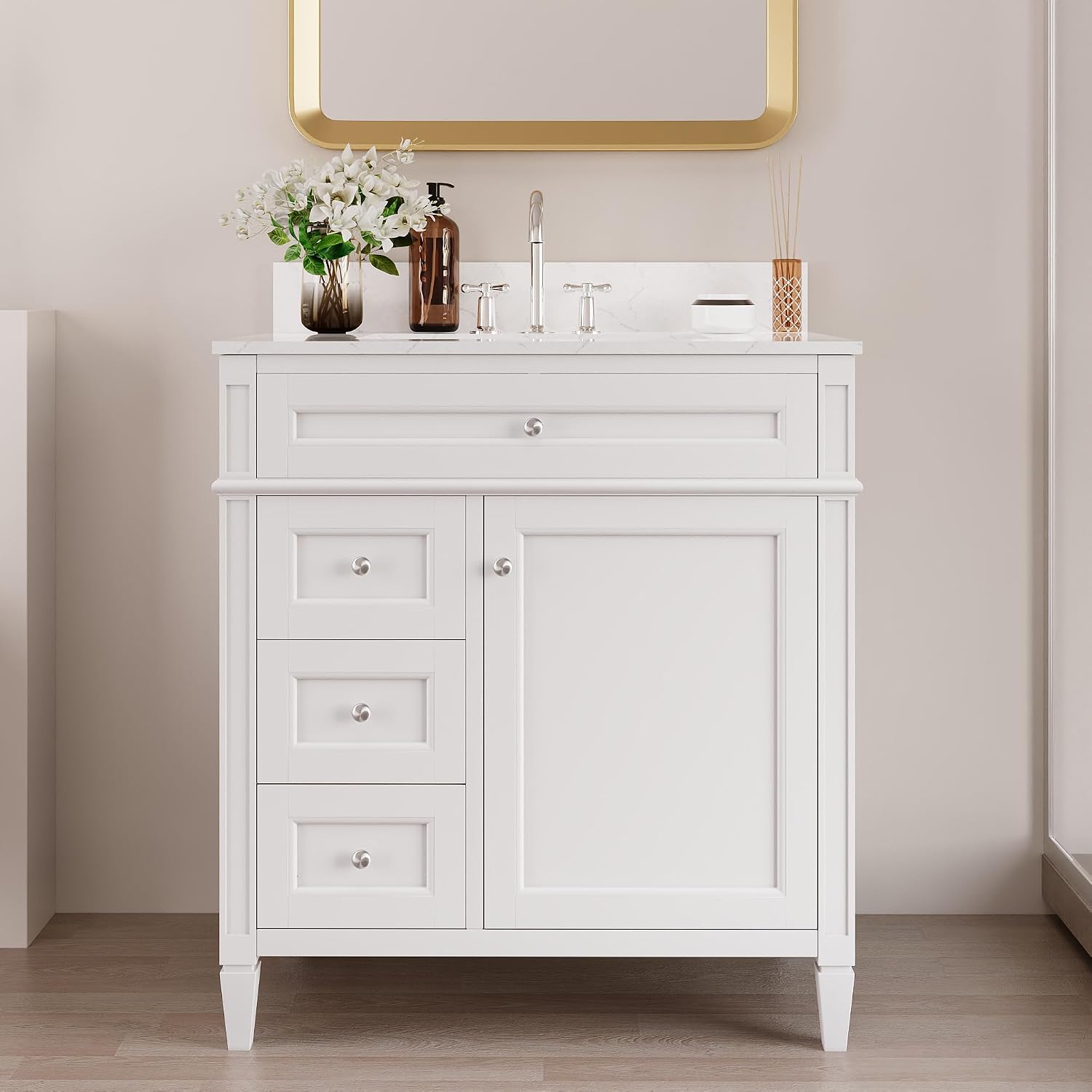 DeerValley 30 Inch Bathroom Vanity with Sink and Backsplash, Pre-Assembled Modern Bath Cabinet with Storage, Soft Close Doors, White