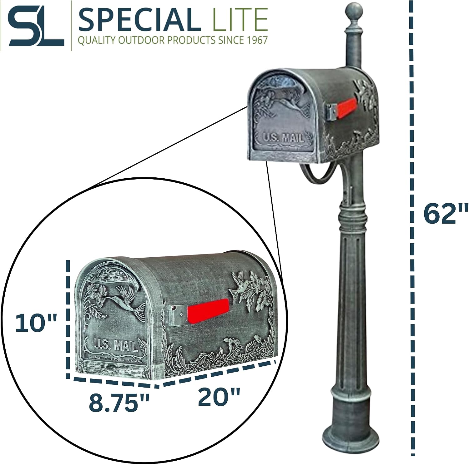 Special Lite Hummingbird Curbside Mailbox with Ashland Post - Verde Green Mailbox with Aluminum Post - SCB-1005_SPK600-VG