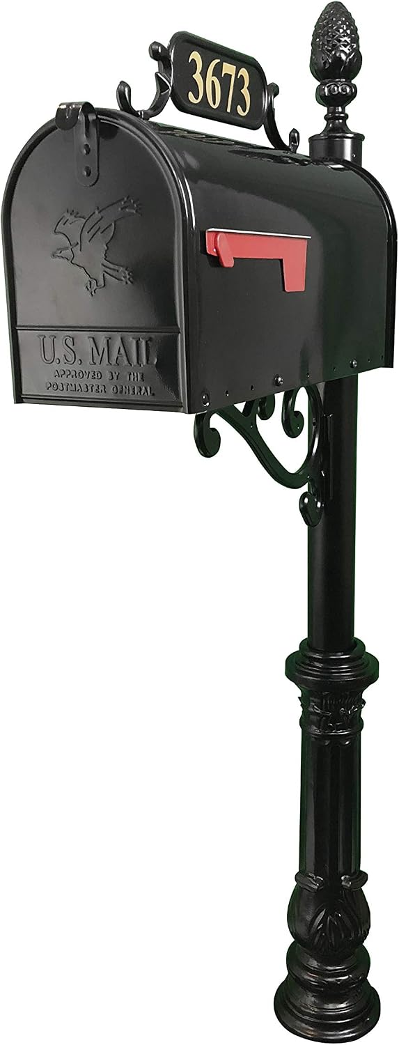 Hampton Mailbox with Post Combo – Black Aluminum Decorative Mailbox – Includes Address Plaque, House Numbers, Pineapple Finial, & Hardware (Large)