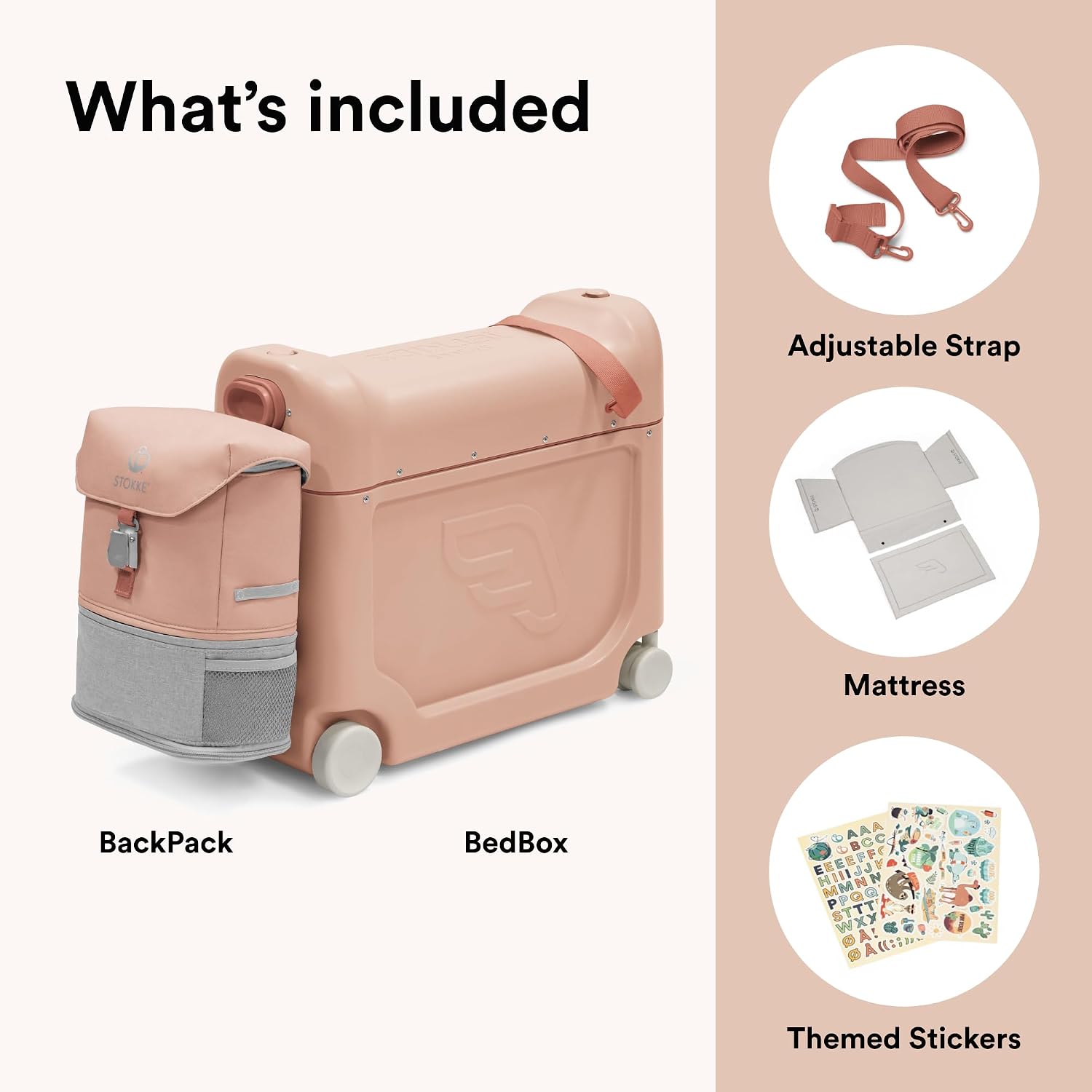 Stokke JetKids Travel Bundle, Coral Pink - Includes BedBox Ride-On Suitcase & Backpack - Best for Kids 2-7 Years Old (Up to 77 lbs)