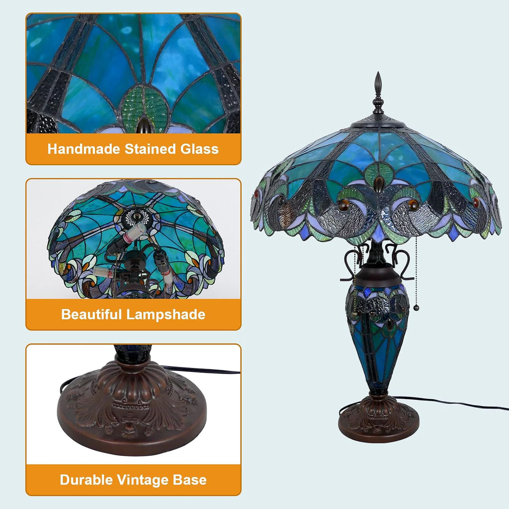 Tiffany Lamp Green Handmade Stained Glass Table Lamp Desk Light 18' Wide 24' Tall Vintage Tiffany Style Table Lamp for Bedroom Living Room Home Office, LED Bulb Included