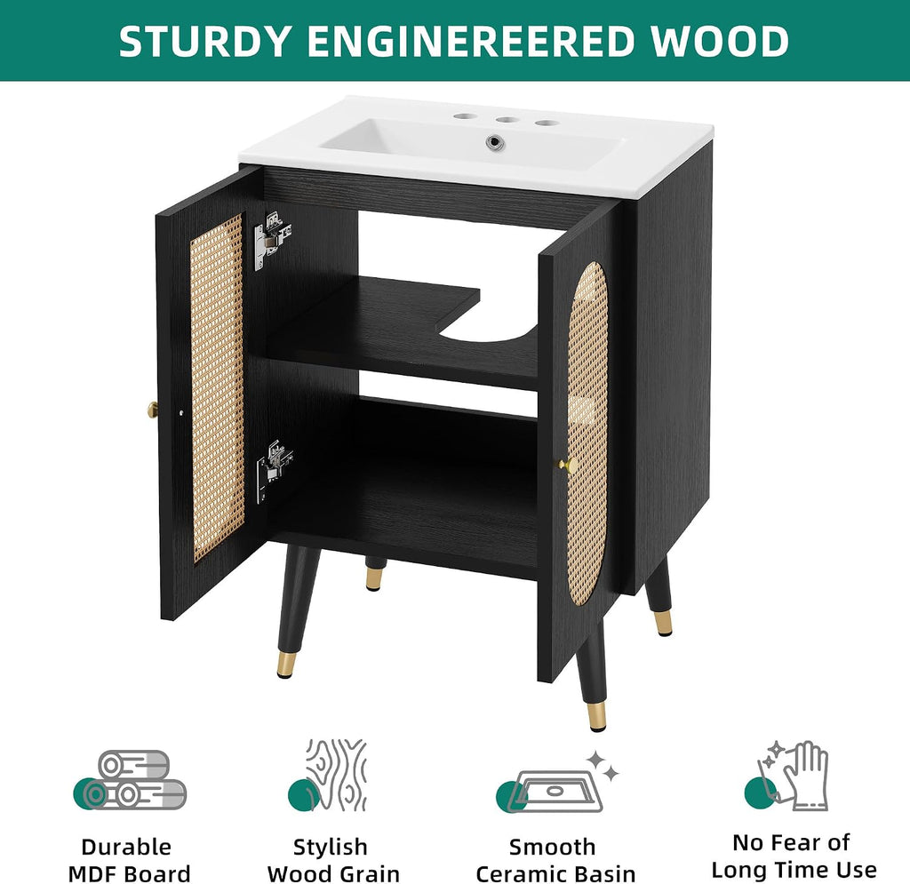 DWVO 36 Inch Rattan Vanity with Sink, Freestanding Bathroom Vanity Cabinet, Boho Style with 2 Large Soft-Closing Doors & Four-Sided Water Barrier Strip, Black