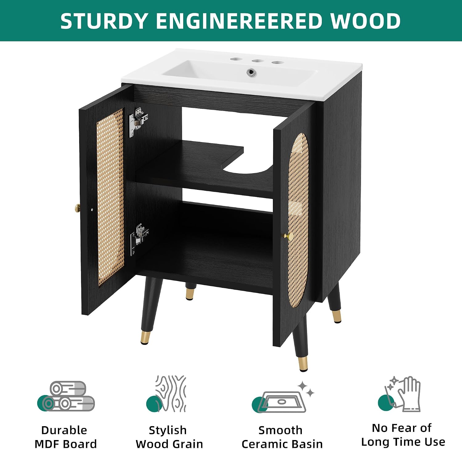 DWVO 36 Inch Rattan Vanity with Sink, Freestanding Bathroom Vanity Cabinet, Boho Style with 2 Large Soft-Closing Doors & Four-Sided Water Barrier Strip, Black