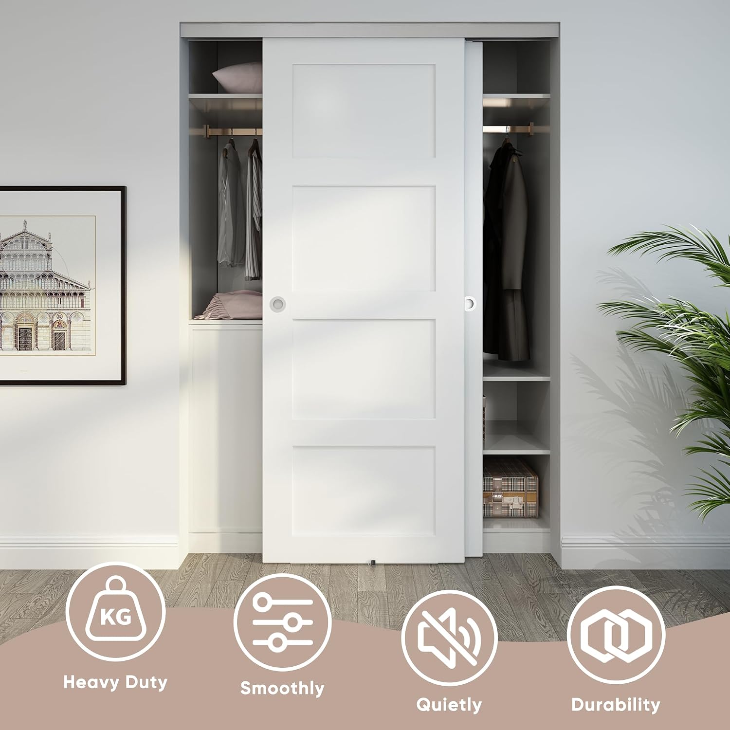 JUBEST 5FT/60 Heavy Duty Bypass Door Hardware with Soft Close Mechanism, Sliding Closet Door Hardware Set for 2 Door System, Smoothly and Quietly, Fit Door Thickness 1 3/8' or 1 3/4', Easy to Install