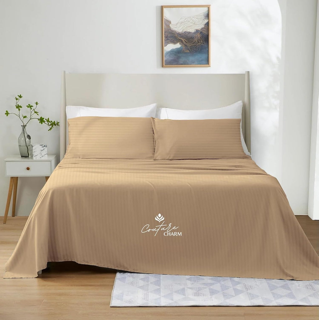 Queen Size 1000 Thread Count 100% Egyptian Cotton Sheet Set, 4-Piece, Sateen Weave, with 10-12' Deep Pocket Snug Fit (Stripe, Taupe)