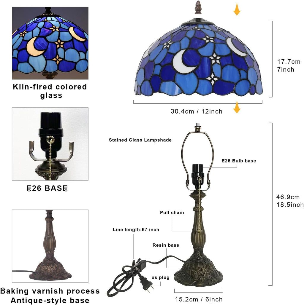 Tiffany Style Table Lamp,Stained Glass Moon Table Lamp,12X12X19 Inch Tiffany Reading Light, Antique Glass Desk Decor Lamp.
