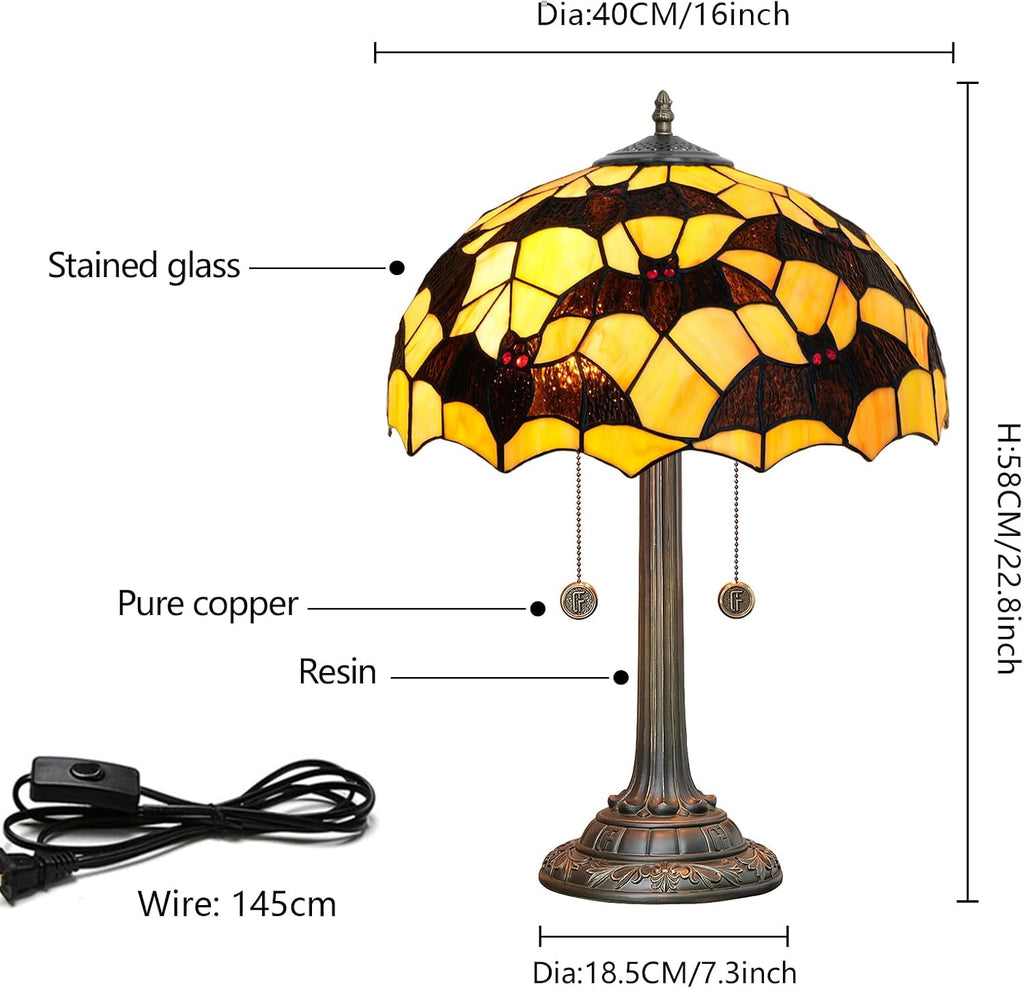 Tiffany Table Lamp Black Bat Design Stained Glass Lamp 16 inch Handmade Large Desk Light Antique Beside Reading Lamp for Home Living Room Bedroom Office