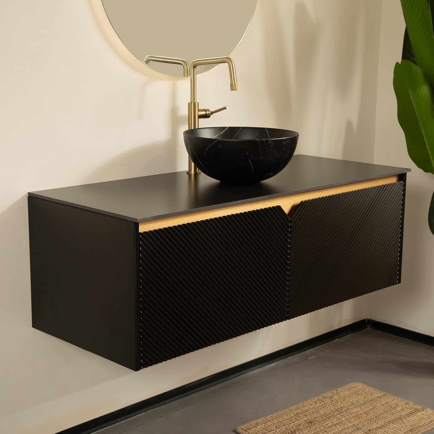 48 Inch Bathroom Vanity with Sink, Floating Fluted Vanity with Vessel Sink, Modern Wall Mounted Bathroom Vanity Cabinet with 2 Doors, Bowl Vessel Sink & Sintered Stone Top, Black