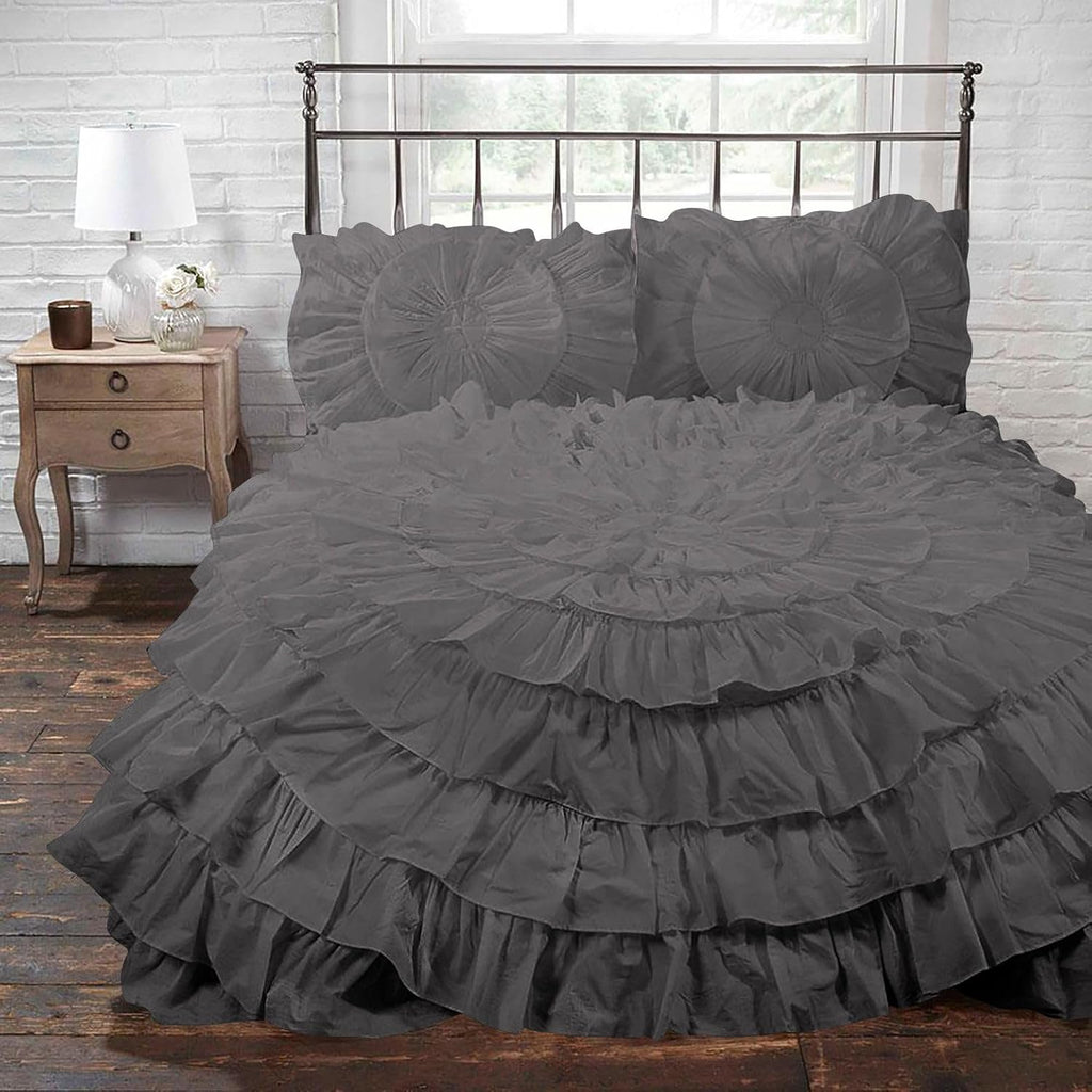 3 Piece 100% Egyptian Cotton Circle Ruffle Comforter Set, 550 GSM Filled Microfiber - Full/Queen Size, Dark Grey Color - 1000 Thread Count