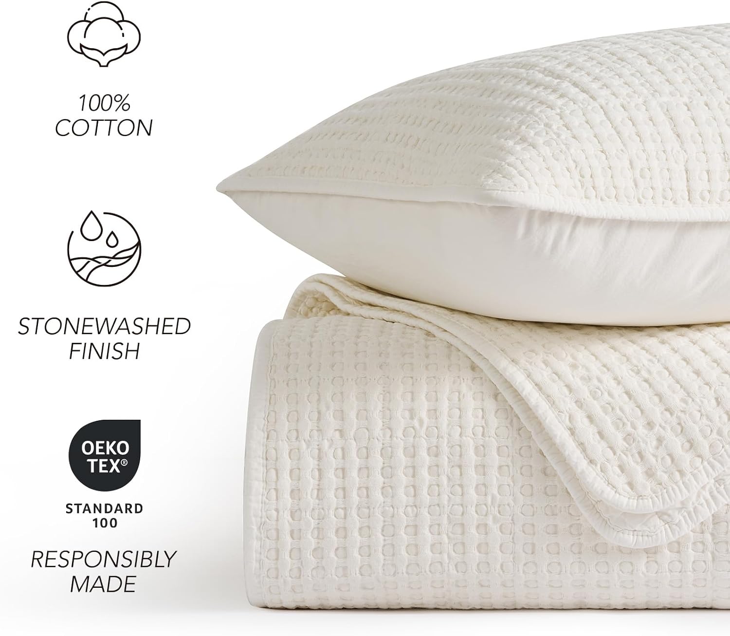 EverGrace Stonewashed 100% Natural Cotton Waffle Quilt Set Queen Size 3 Pieces, Durable, Textured & Substantial Bedding, Quilted Coverlet Bedspread with 2 Shams for All Seasons, Bright White