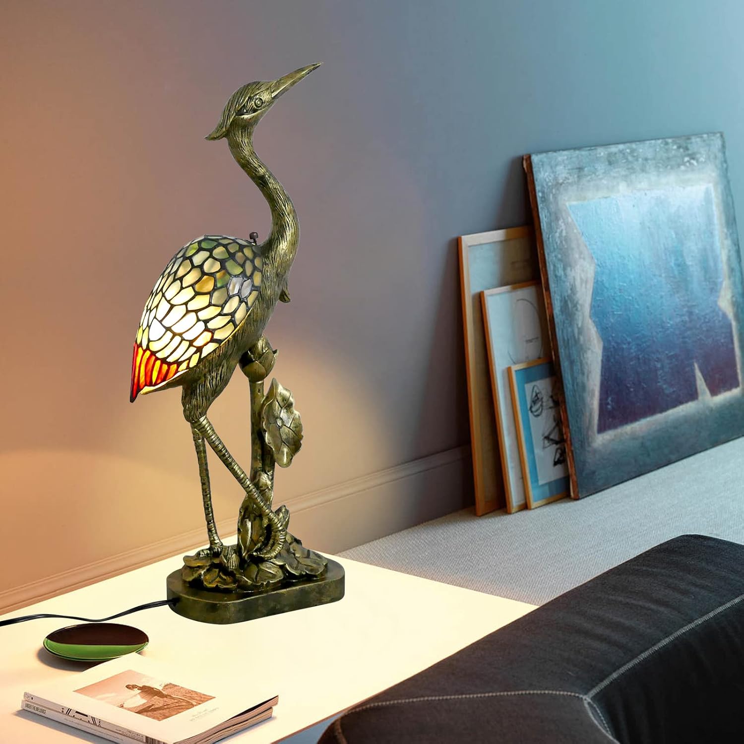 Tiffany Lamp Blue Stained Glass Crane Bird Style Table Lamp Desk Light 23.6 Inch Tall Vintage Tiffany Table Lamp for Bedroom Living Room Home Office, Color Changing LED Bulb Included