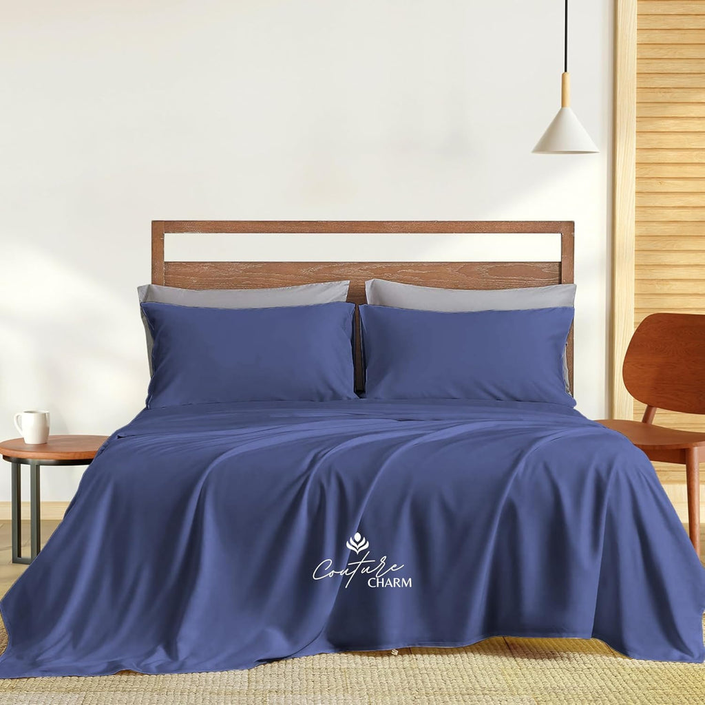 Queen Size 1000 Thread Count 100% Egyptian Cotton Sheet Set, 4-Piece, Sateen Weave, with 10-12' Deep Pocket Snug Fit (Solid, Medium Blue)