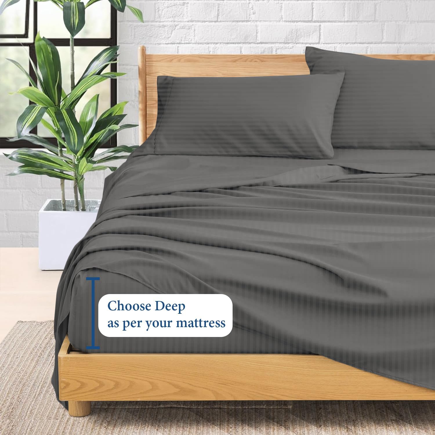 1000 Series - 100% Egyptian Cotton Sheet Set Soft & Comfy Breathable Hotel Quality Luxury Bedding - Fits Mattress Up to 18-20' Deep (Queen Size Stripe, Grey)